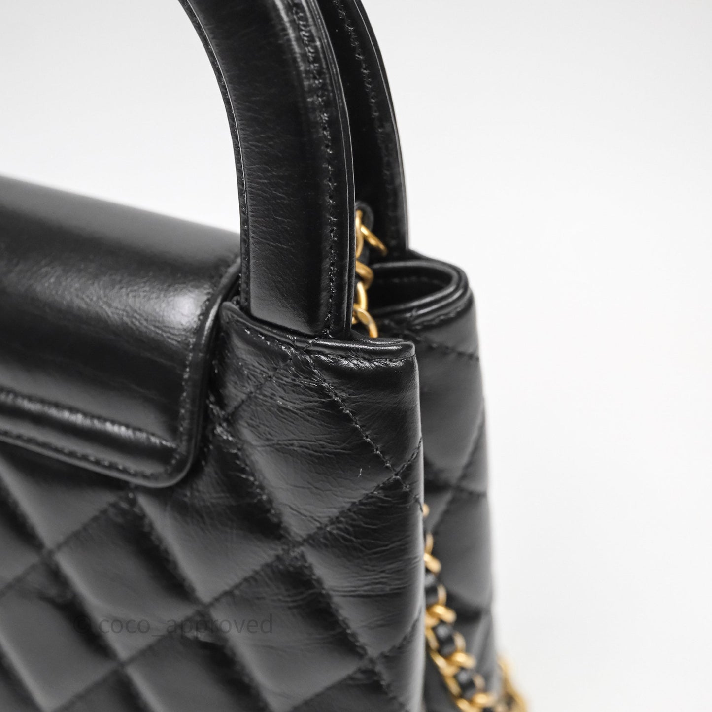 Chanel Kelly Bag Quilted Black Shiny Crumpled Calfskin Aged Gold Hardware