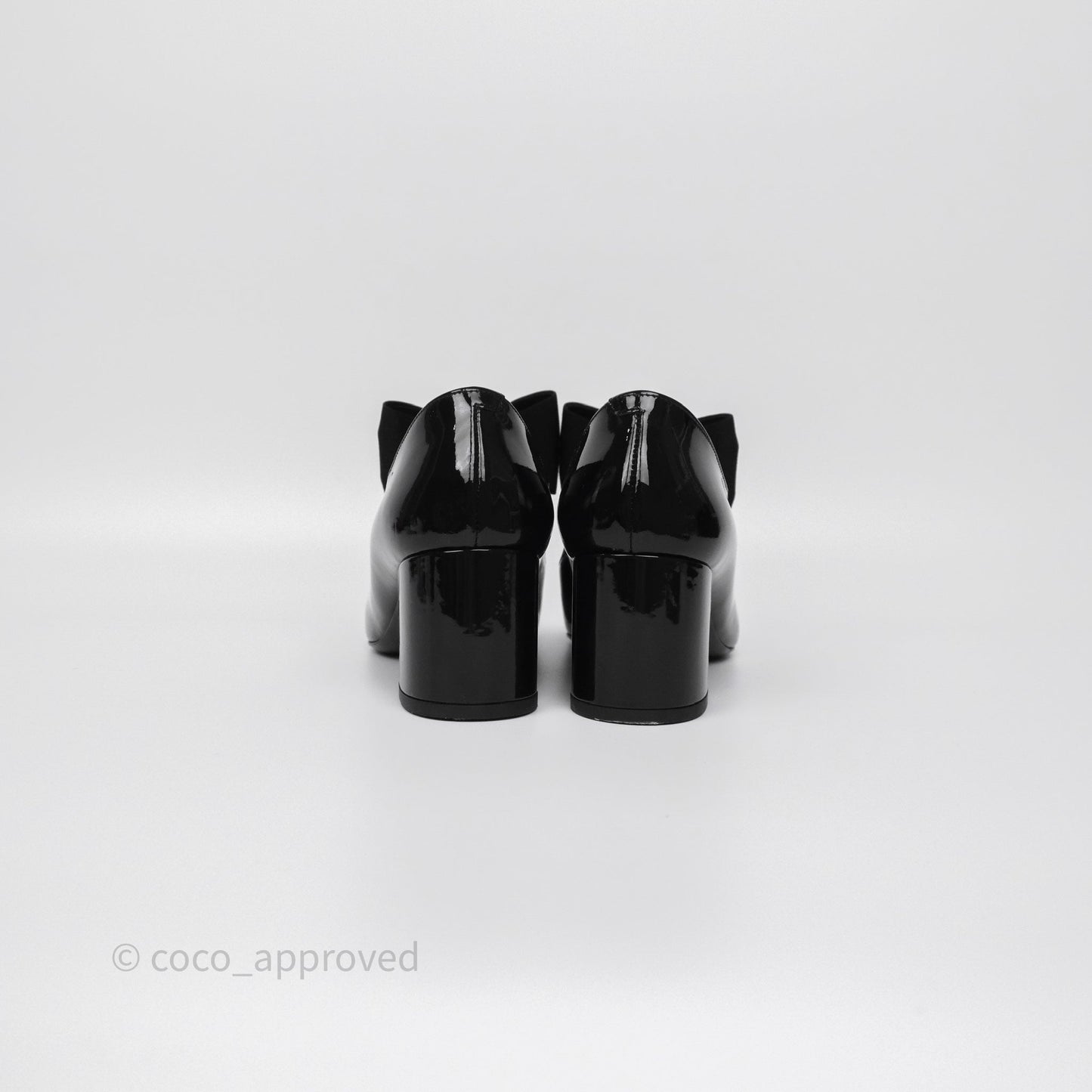 Chanel CC Ribbon Mary Jane Block Heels Black Patent 24C Size 39.5