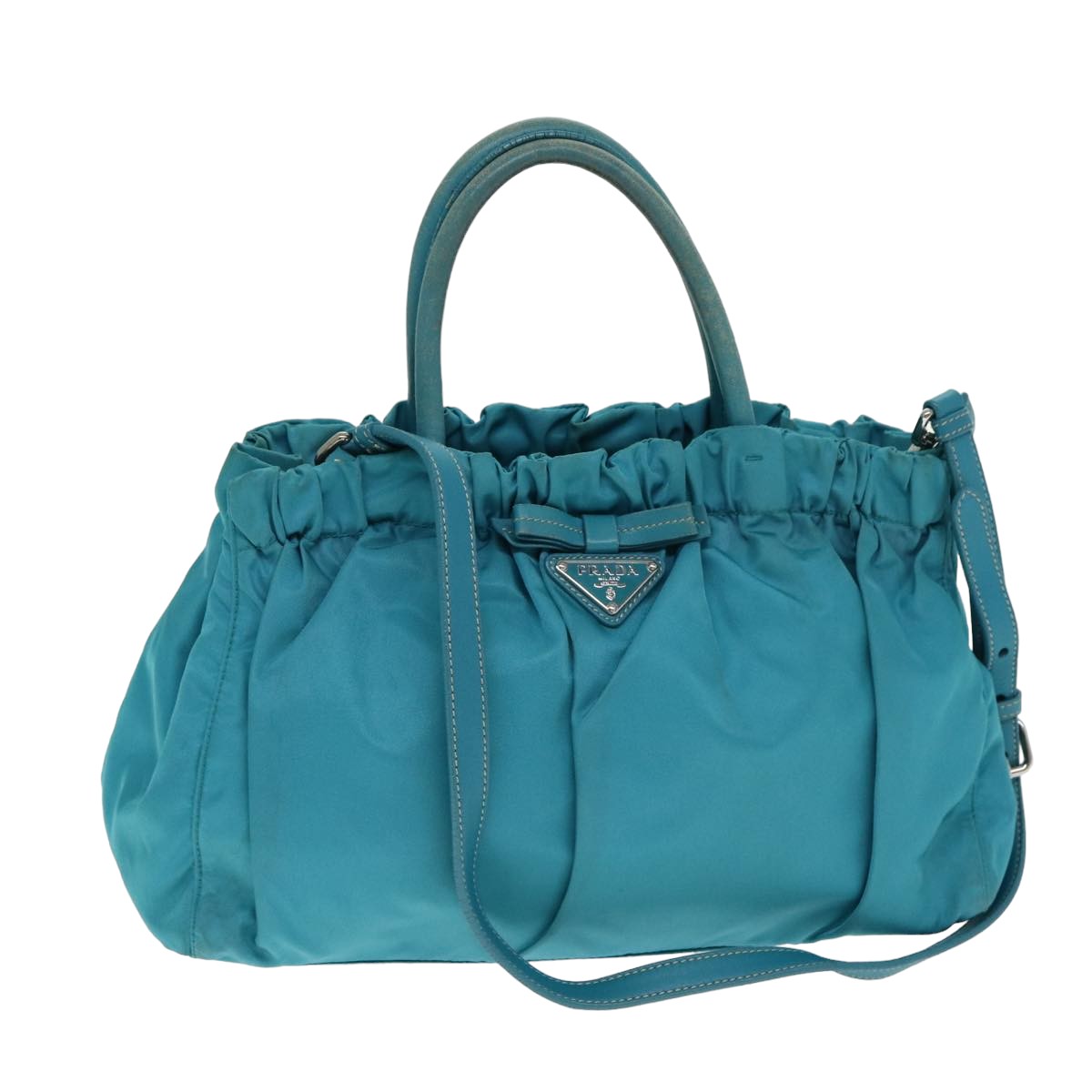 Luxury PradaNylon 2 Way Hand Bag Turquoise Blue 80110