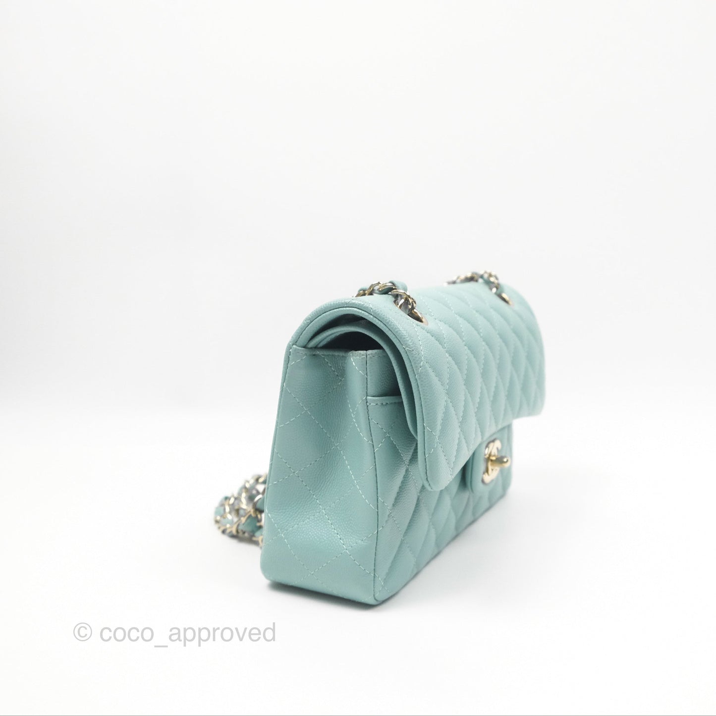 Chanel Small Classic Quilted Flap Tiffany Green Caviar Gold Hardware