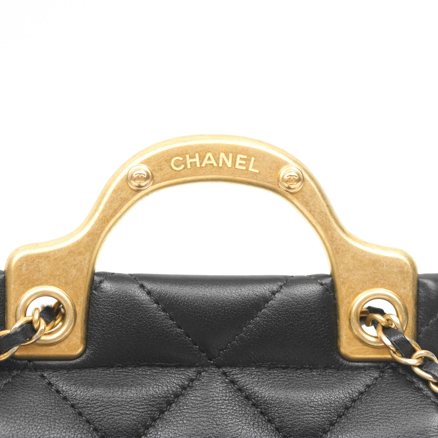 Chanel Lady Handle Flap Card Holder With Chain Black Calfskin Gold Hardware