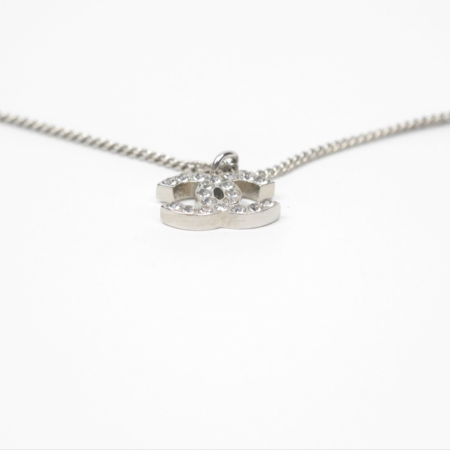 Chanel Crystal CC Necklace Silver Tone 12V