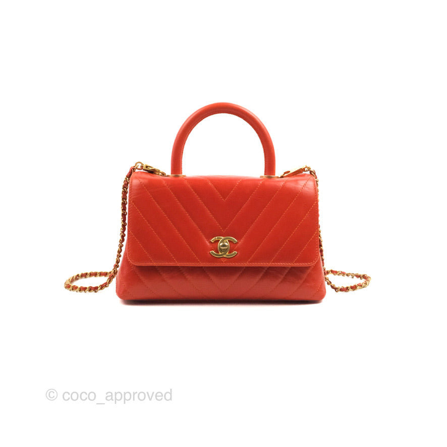 Chanel Chevron Small Coco Handle Dark Orange Shiny Aged Calfskin Aged Gold Hardware