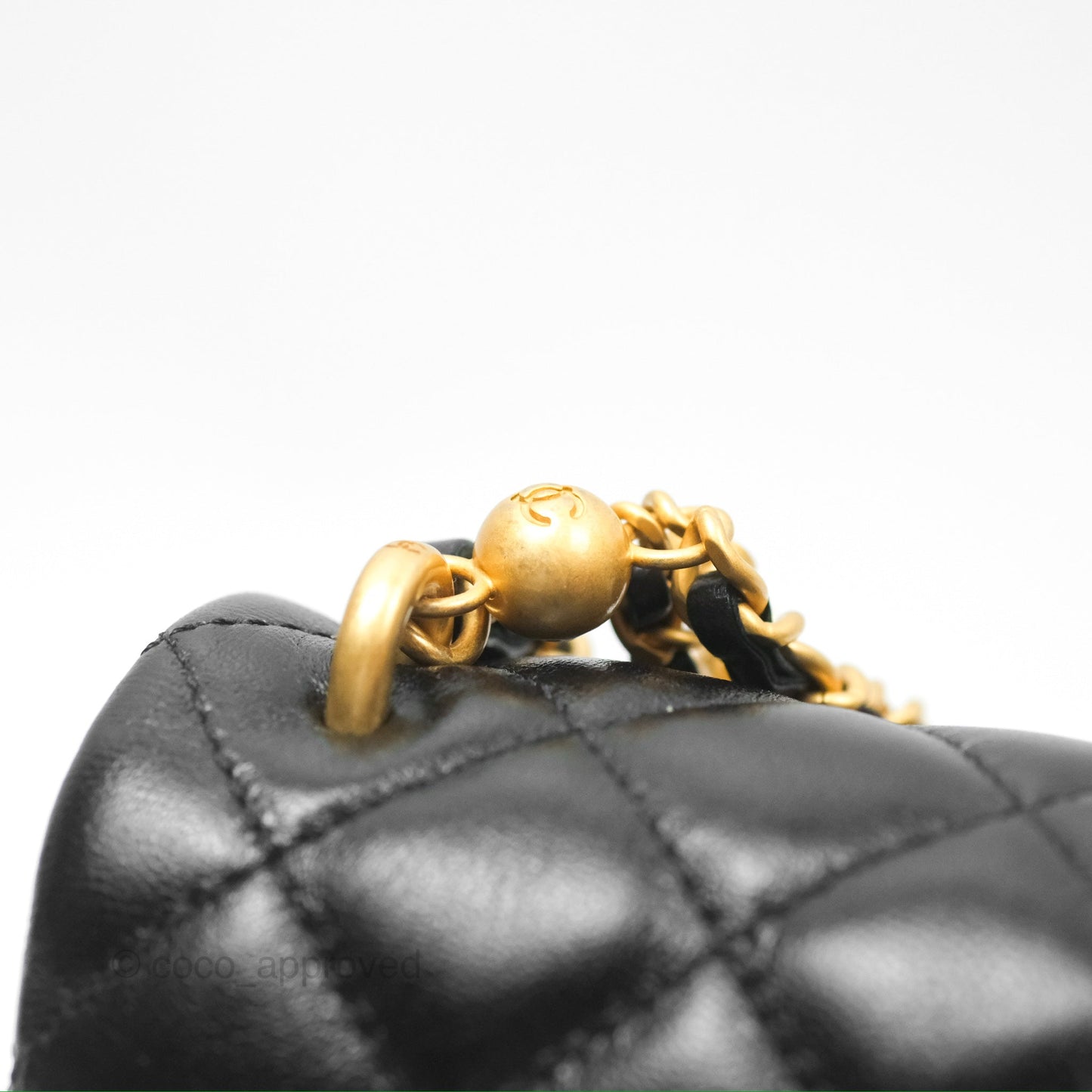 Chanel Mini Flap Bag with Pearl Chain Black Shiny Lambskin Aged Gold Hardware 24P
