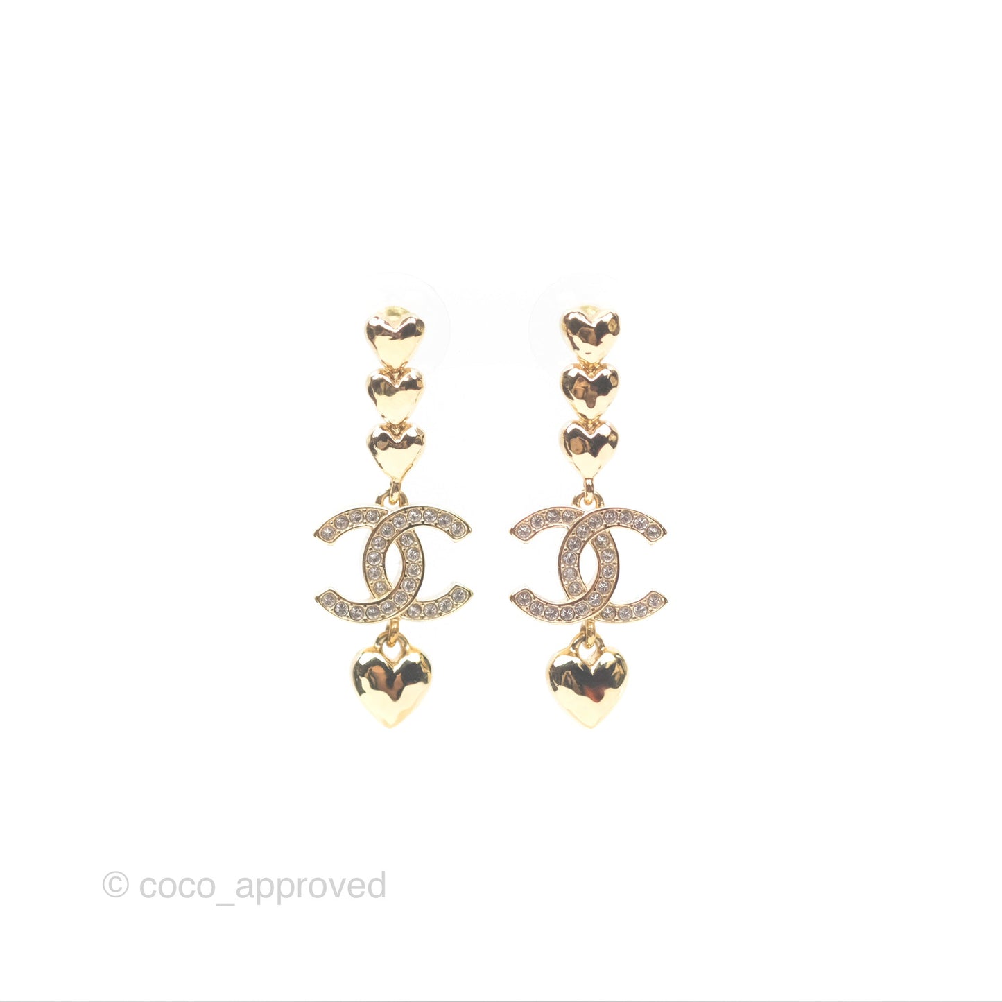 Chanel Crystal CC Heart Drop Earrings Gold Tone 23P