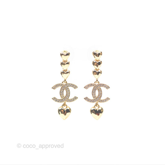 Chanel Crystal CC Heart Drop Earrings Gold Tone 23P