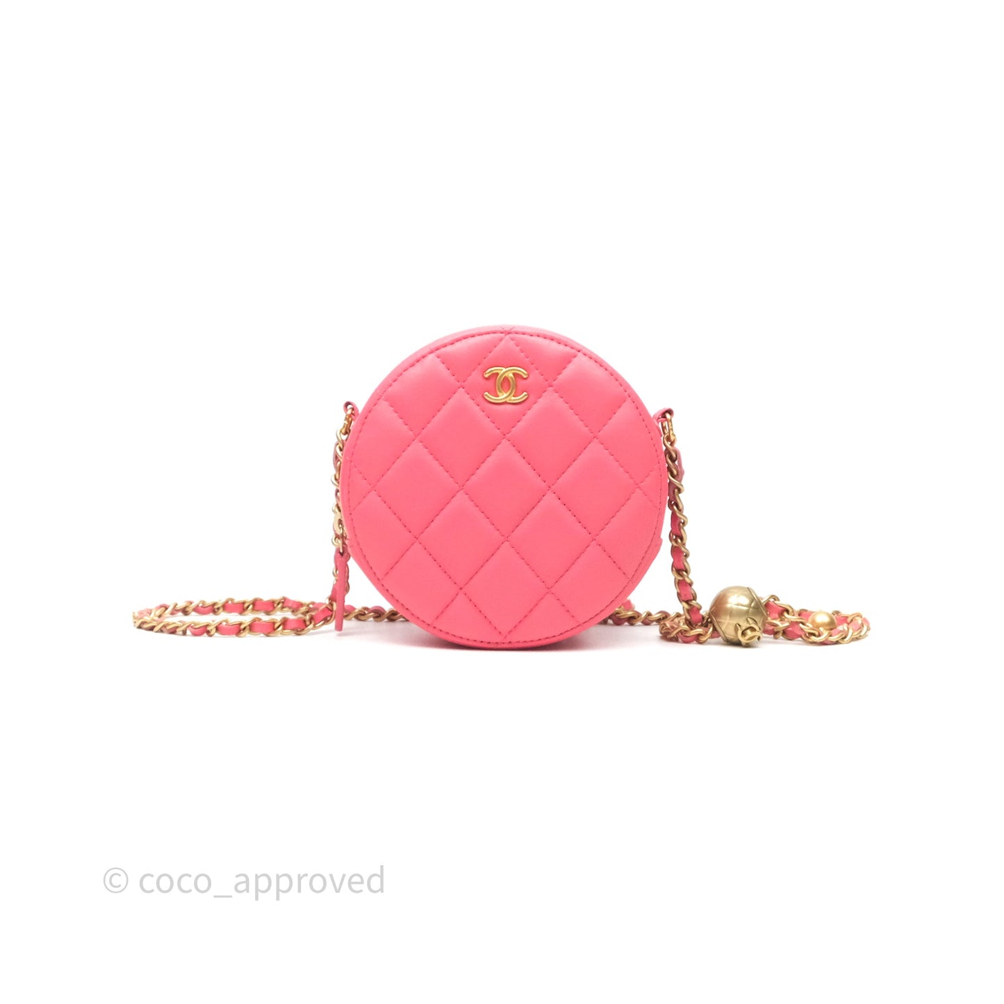 Chanel Quilted Pearl Crush Round Clutch With Chain Pink Lambskin Aged Gold Hardware