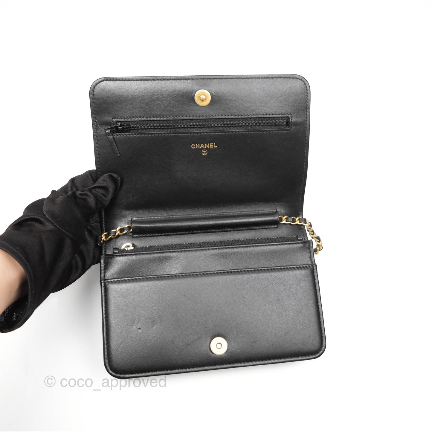 Chanel Quilted Boy Wallet on Chain WOC Black Calfskin Aged Gold Hardware