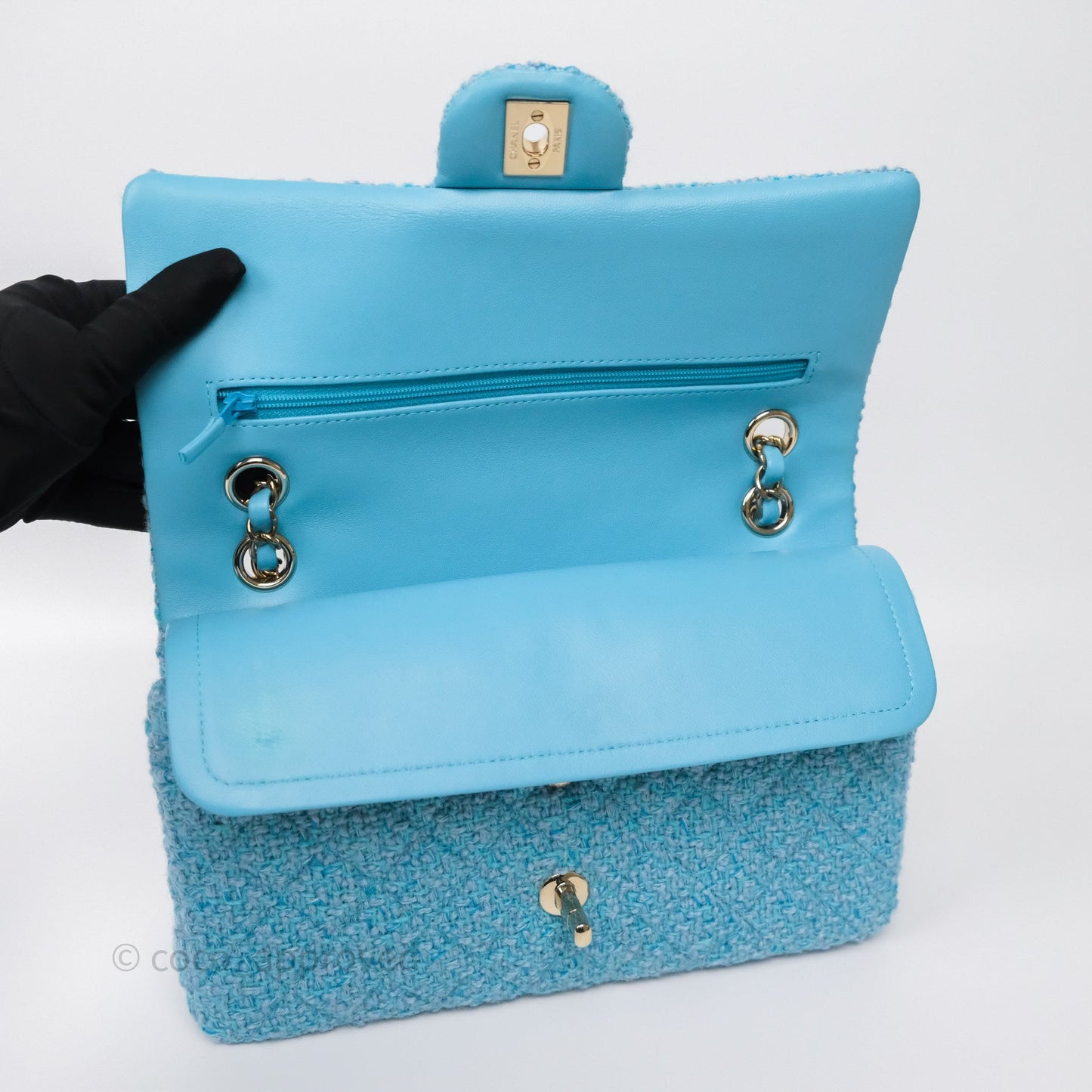 Chanel Classic M/L Medium Quilted Double Flap Bag Blue Tweed Gold Hardware