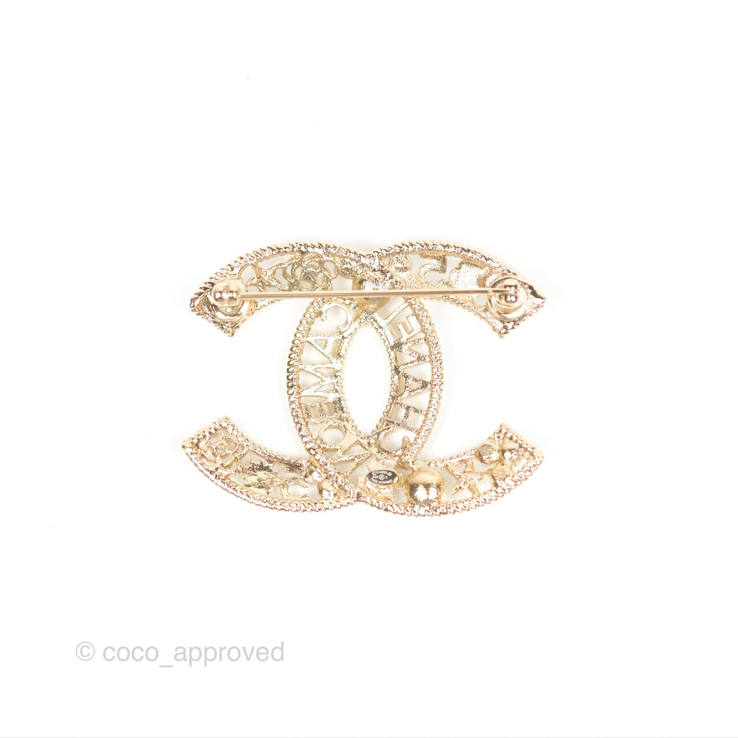 Chanel CC No5 Camellia Crystal Pearl Brooch Gold Tone 20C