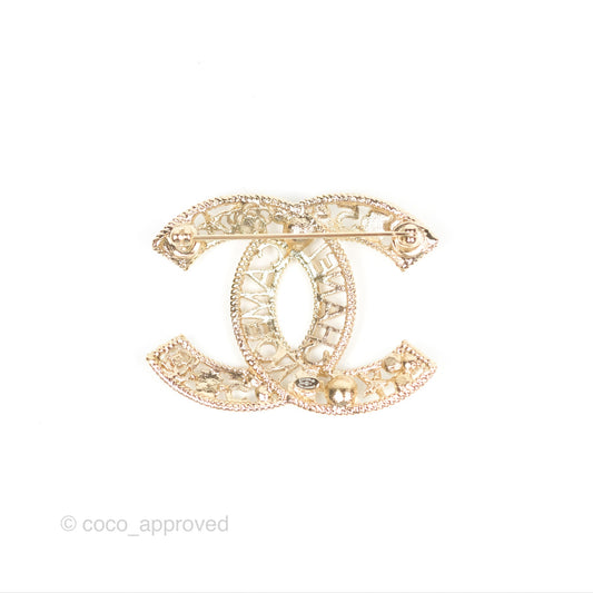 Chanel CC No5 Camellia Crystal Pearl Brooch Gold Tone 20C