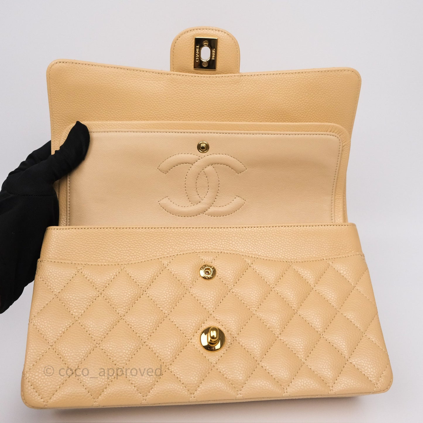 Chanel M/L Medium Classic Flap Quilted Beige Caviar Gold Hardware