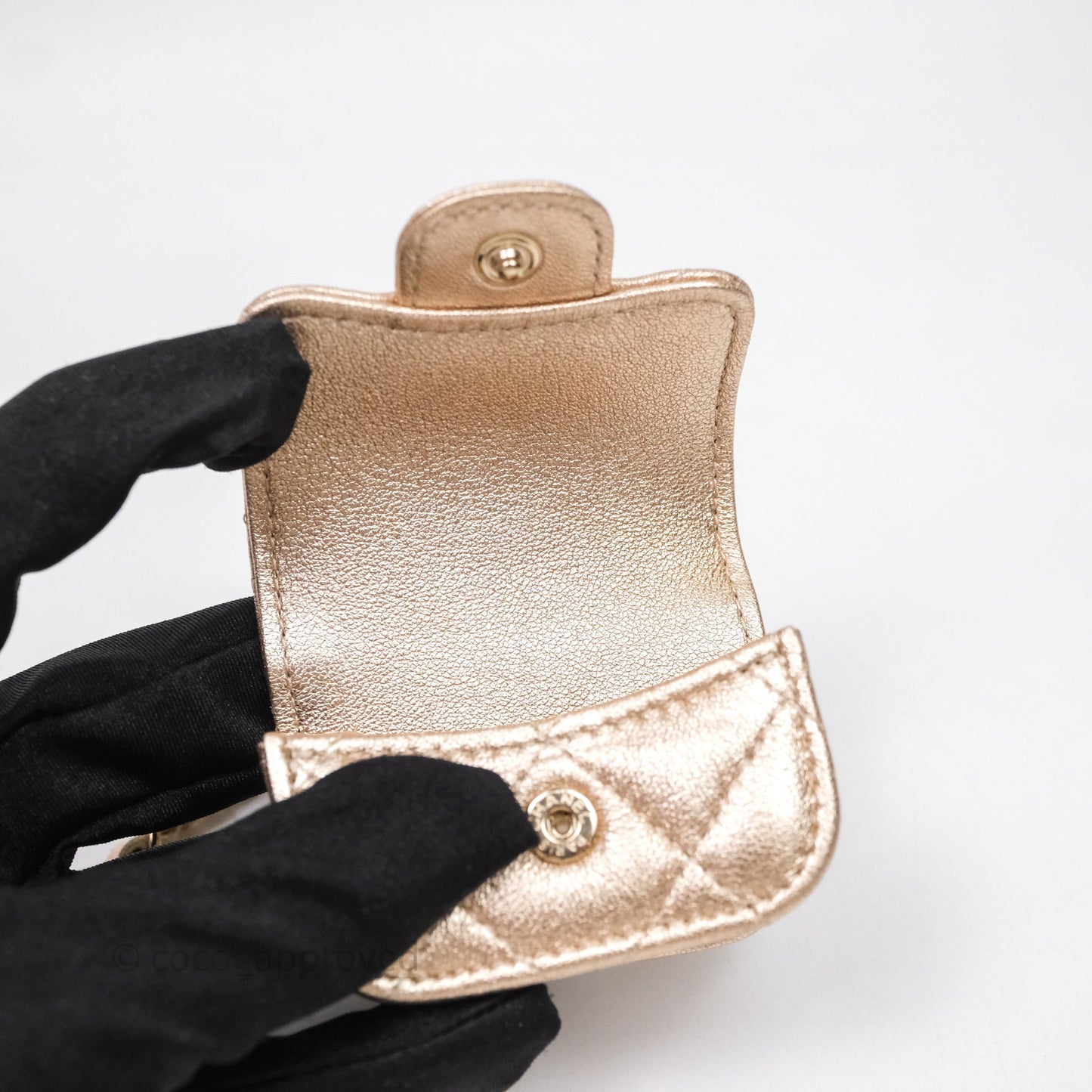Chanel Quilted Round Coin Purse With Airpods Case Lambskin Metallic Gold Gold Hardware