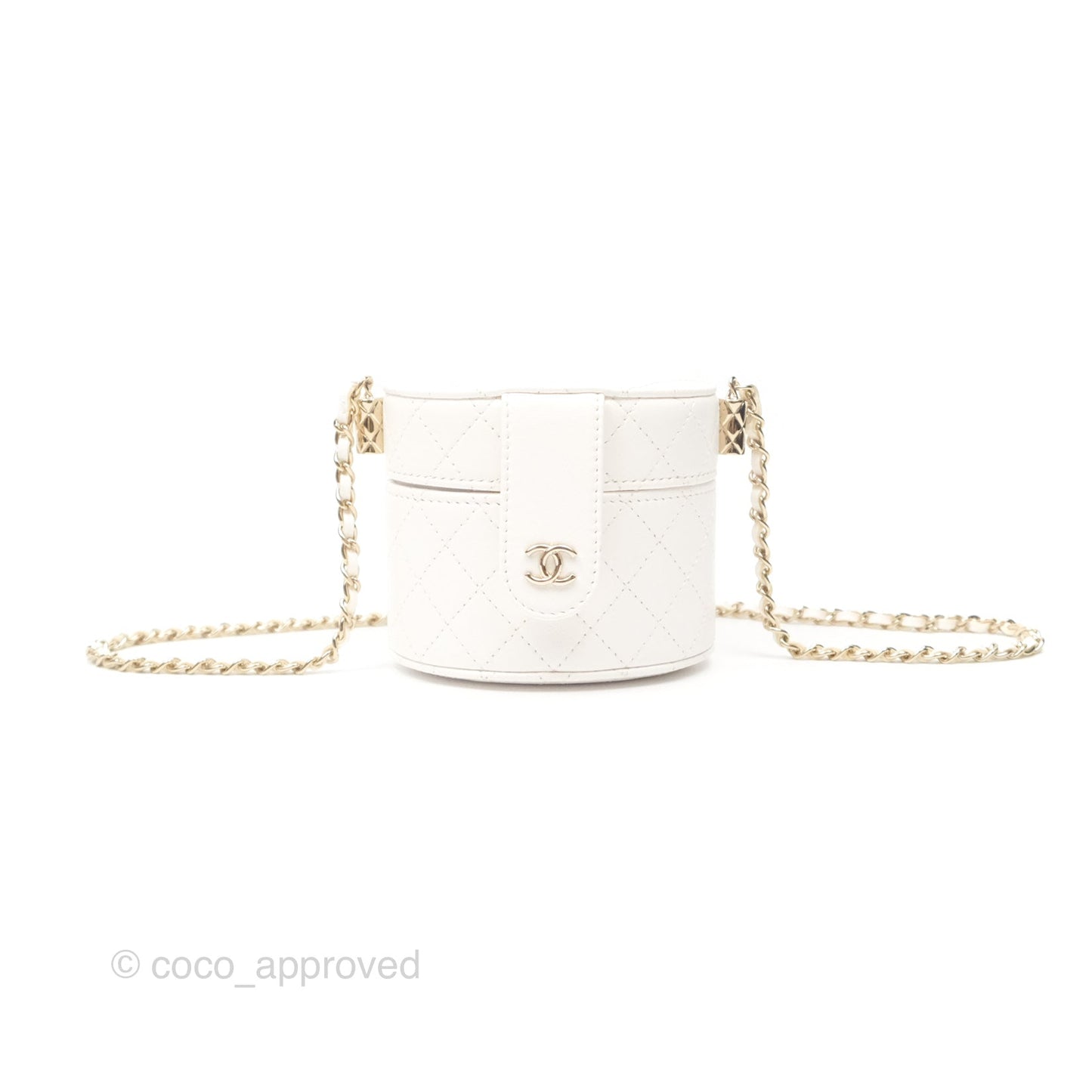 Chanel Quilted Round Vanity Clutch With Chain Lambskin White Gold Hardware