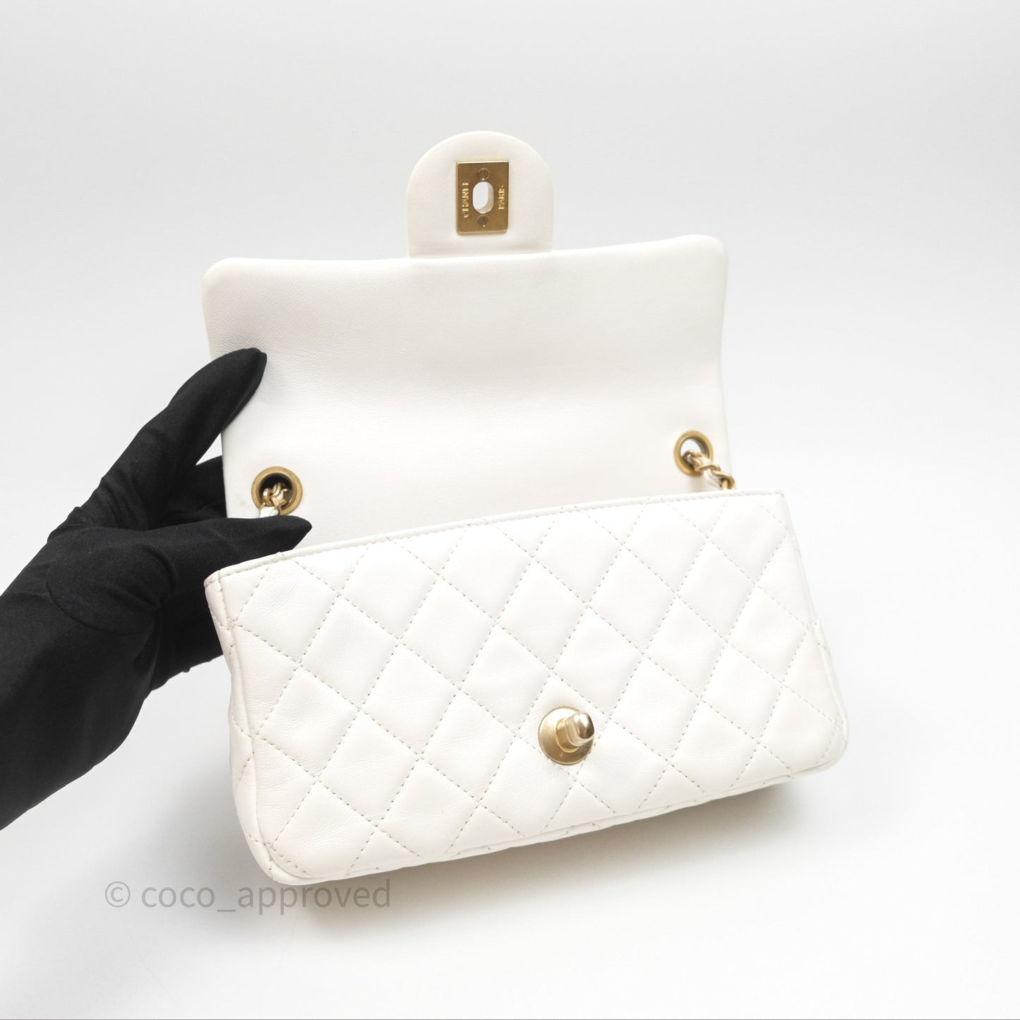 Chanel Mini Rectangular Pearl Crush Quilted White Lambskin Aged Gold Hardware