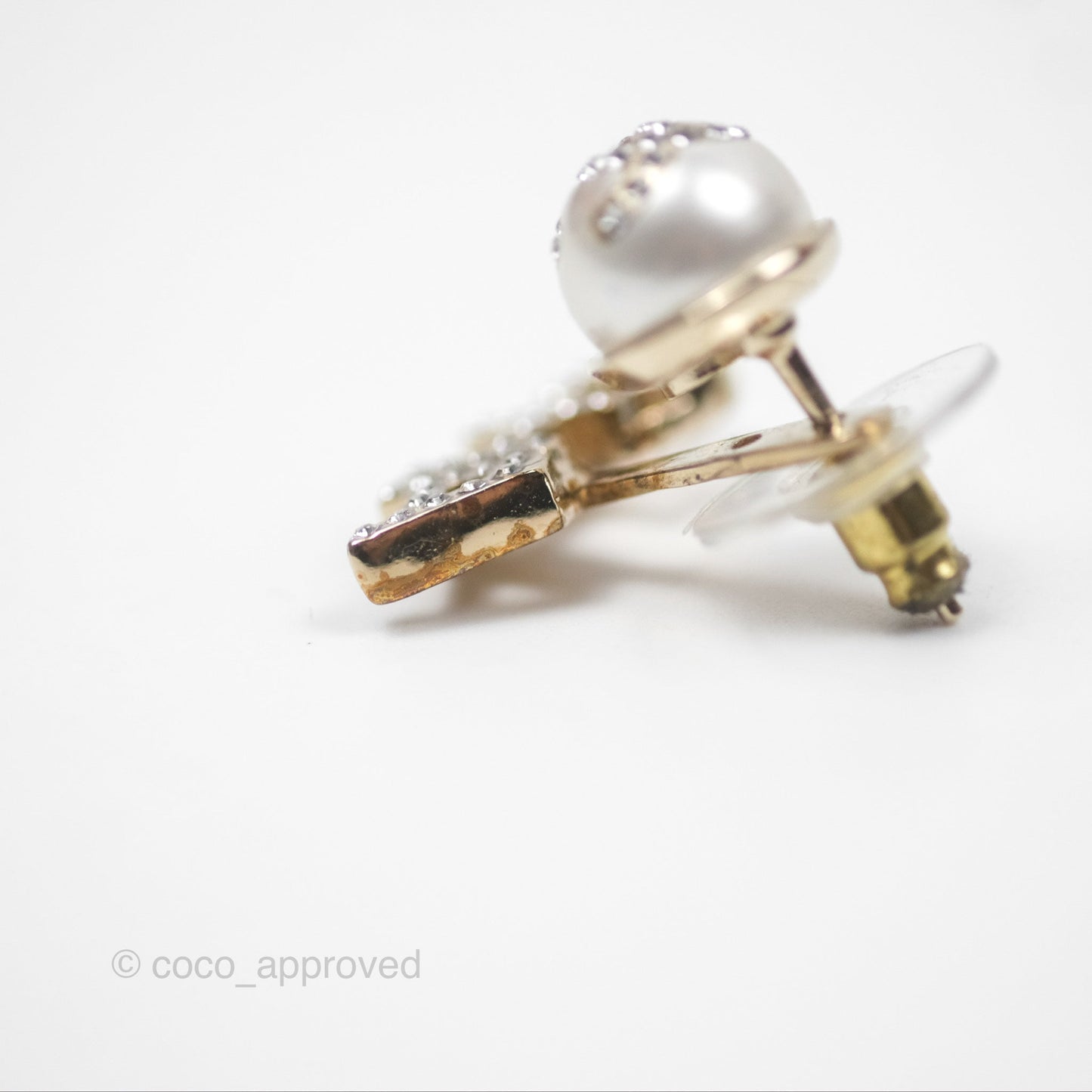 Chanel CC Pearl Rhinestone Earrings Gold Tone 21A