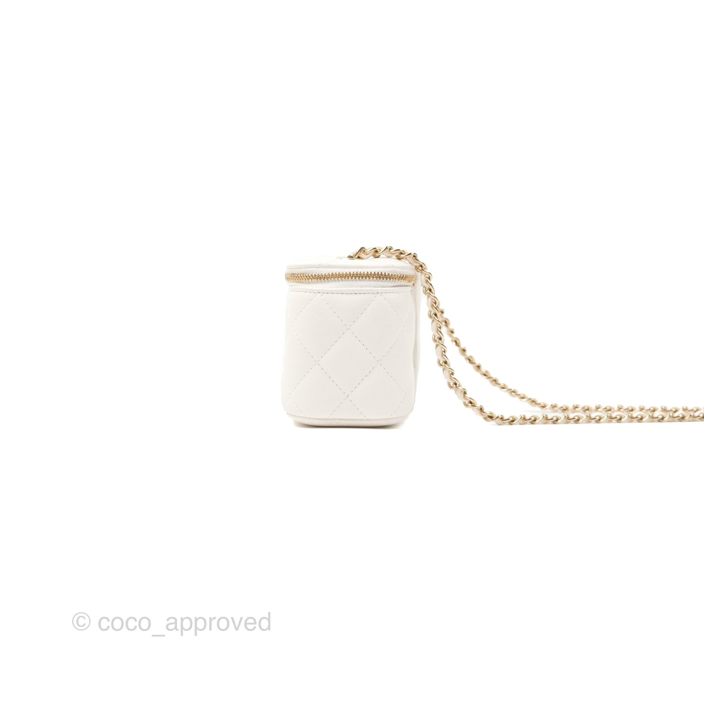 Chanel Camellia White Quilted Lambskin Mini Vanity with Chain Gold Hardware