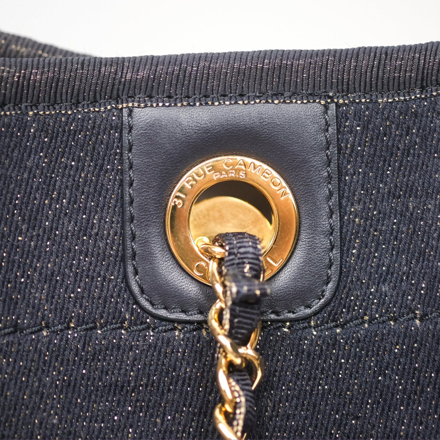 Chanel Medium Deauville Tote Navy Glitter Canvas Gold Hardware
