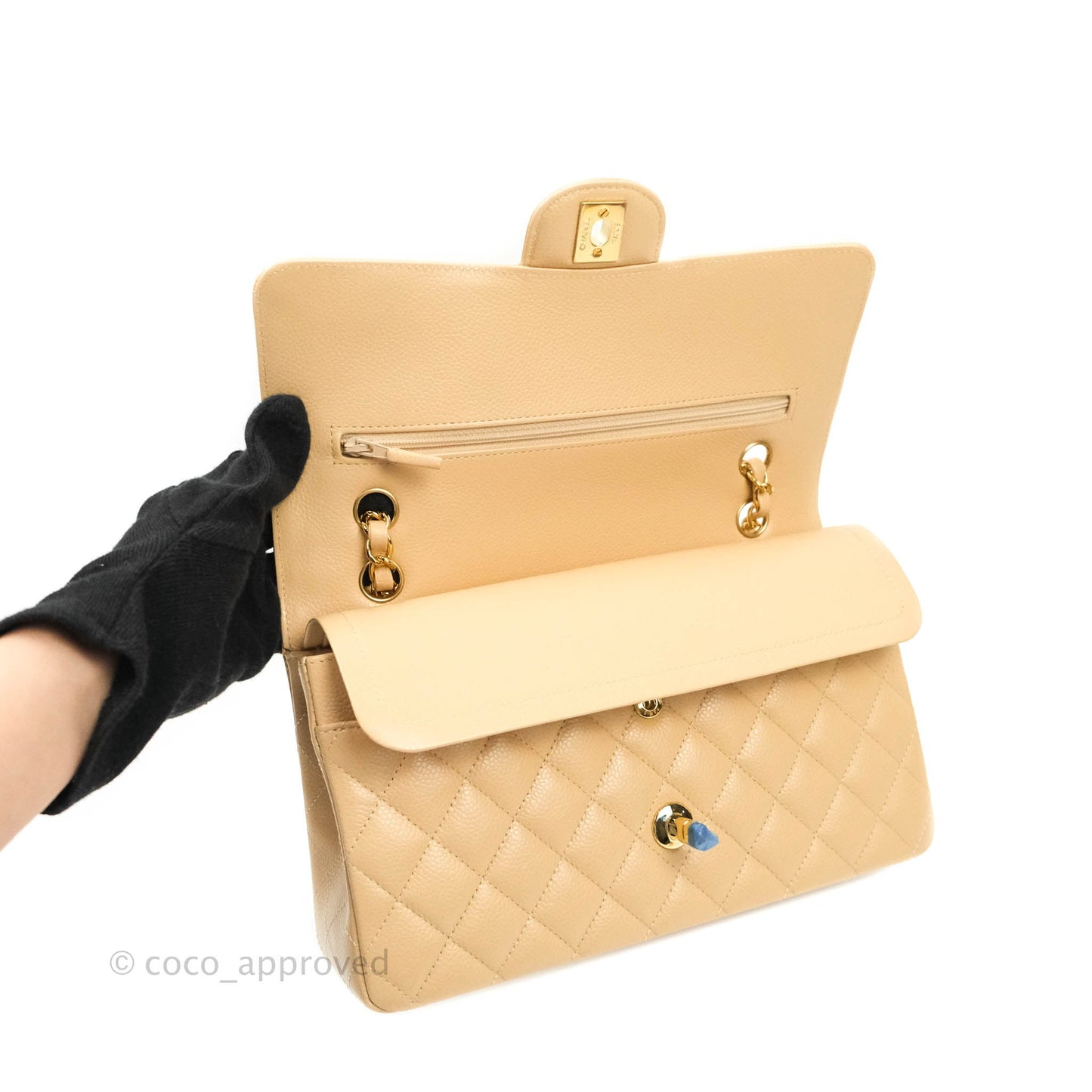 Chanel M/L Medium Quilted Caviar Double Flap Beige Gold Hardware