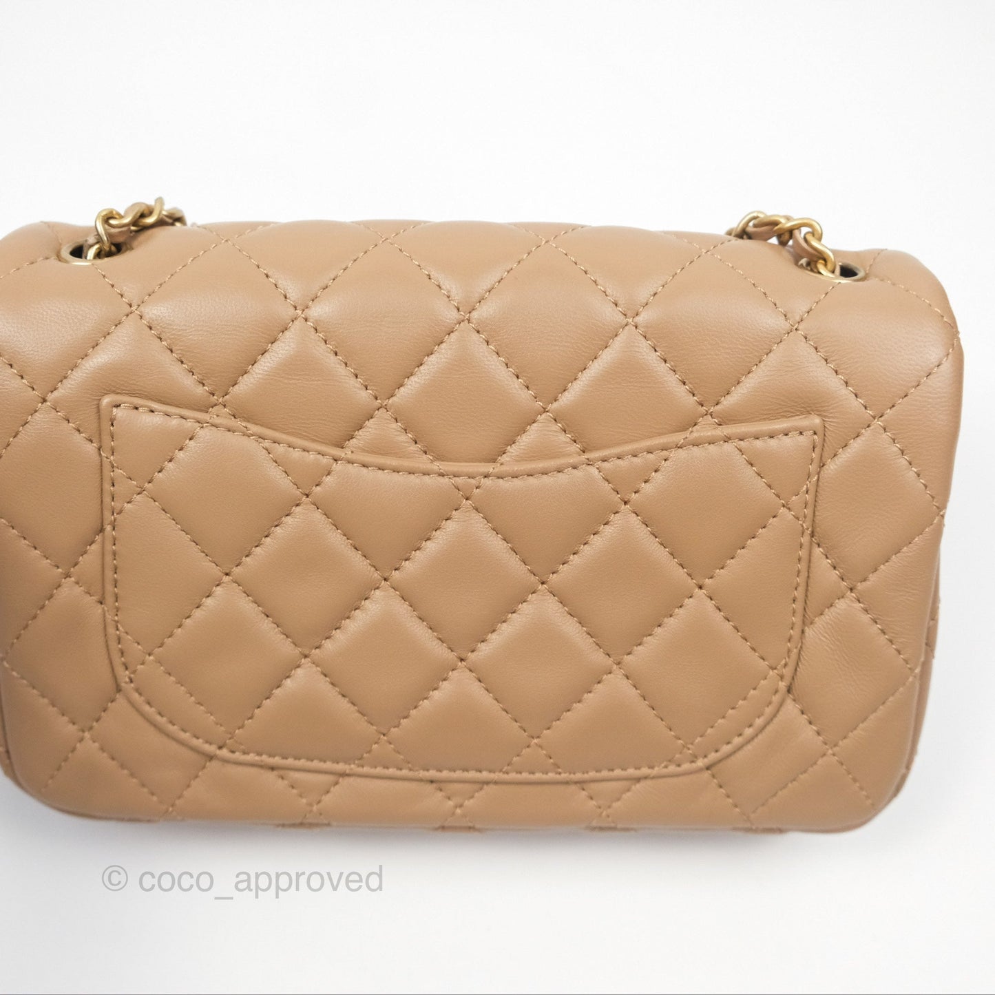 Chanel Mini Rectangular Pearl Crush Quilted Beige Lambskin Aged Gold Hardware