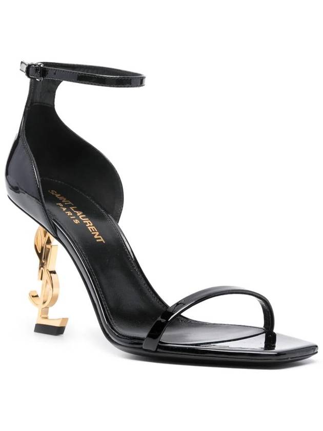 Luxury Saint Laurent Opium Gold YSL Logo Open Toe Sandal Heels Black