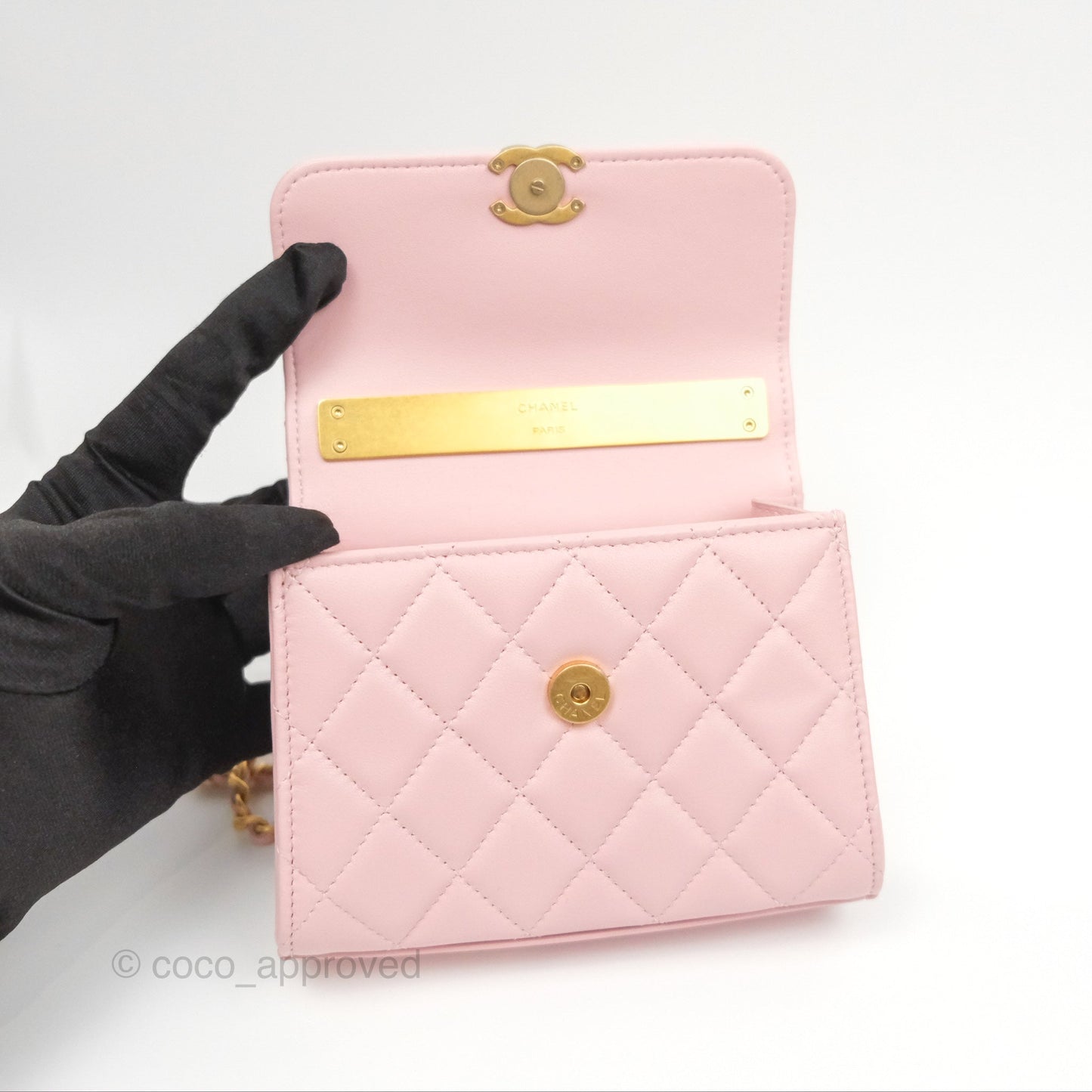 Chanel Enamel Top Handle Clutch with Chain Pink Lambskin Aged Gold Hardware 22B