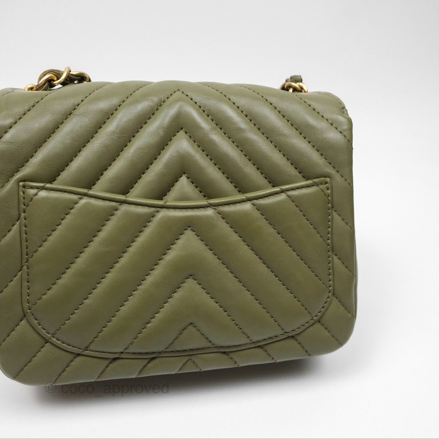 Chanel Mini Square Flap Chevron Olive Green Calfskin Gold Hardware