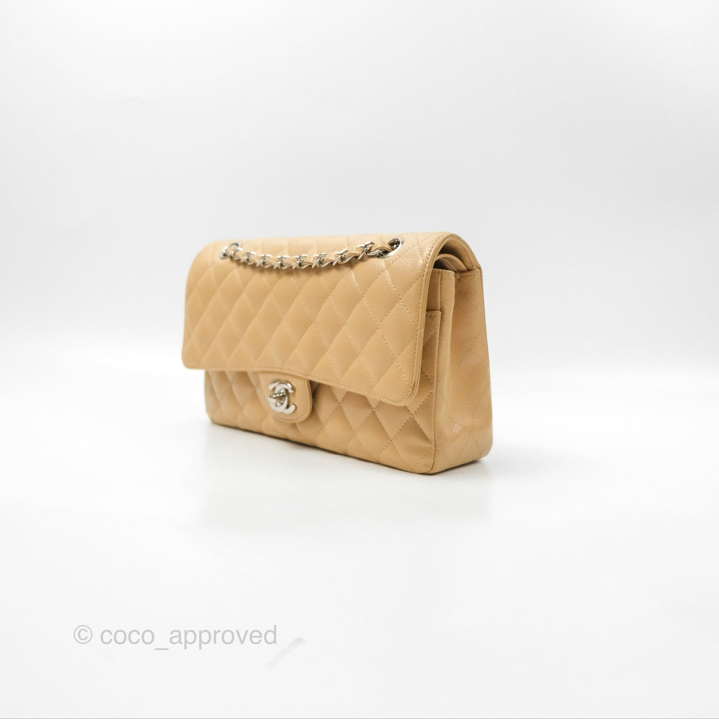Chanel Classic M/L Medium Flap Quilted Beige Caviar Silver Hardware