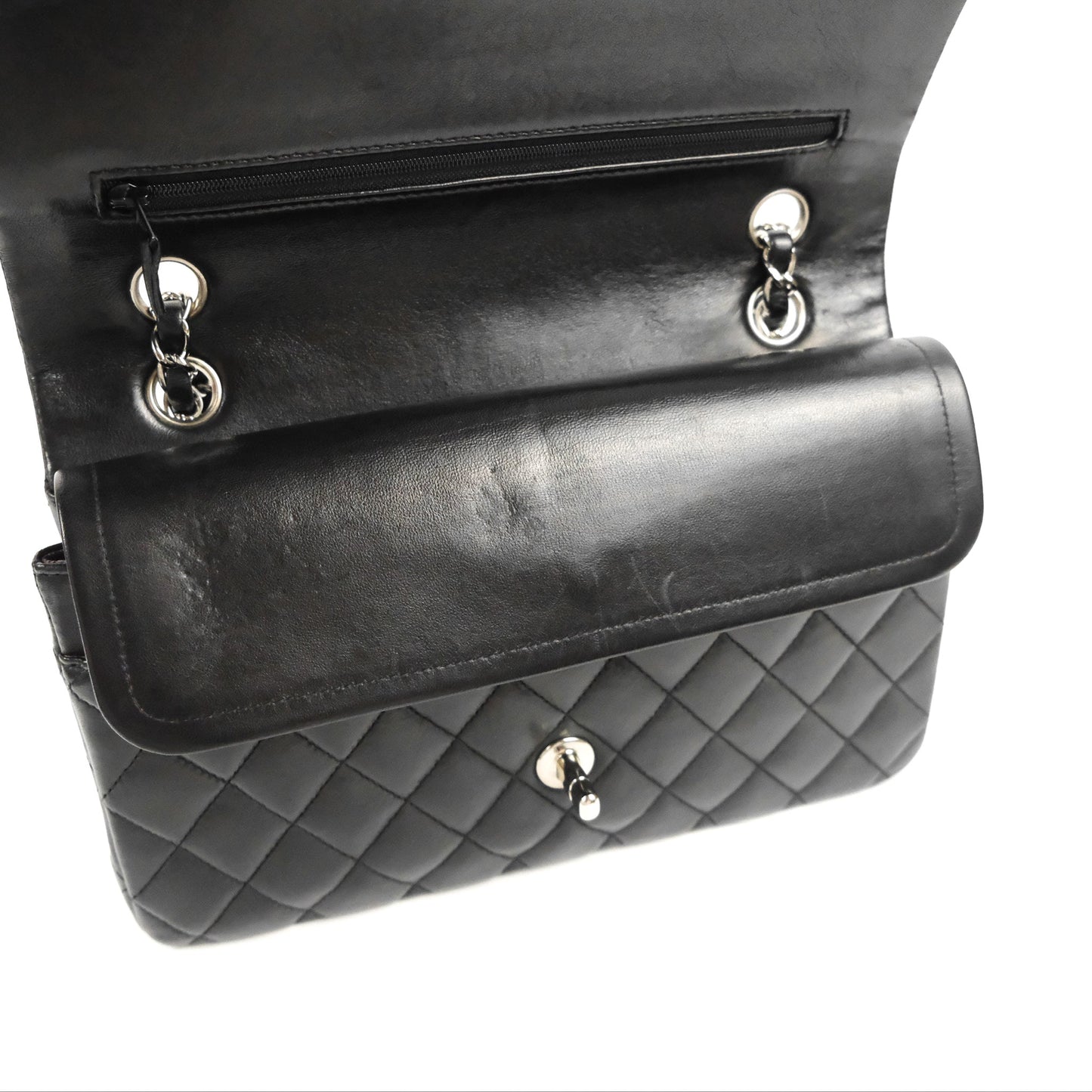 Chanel Classic M/L Medium Flap Quilted Black Lambskin Silver Hardware