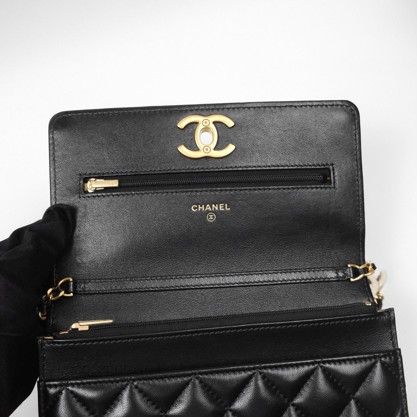 Chanel Quilted WOC Adjustable Chain Black Shiny Lambskin Aged Gold Hardware