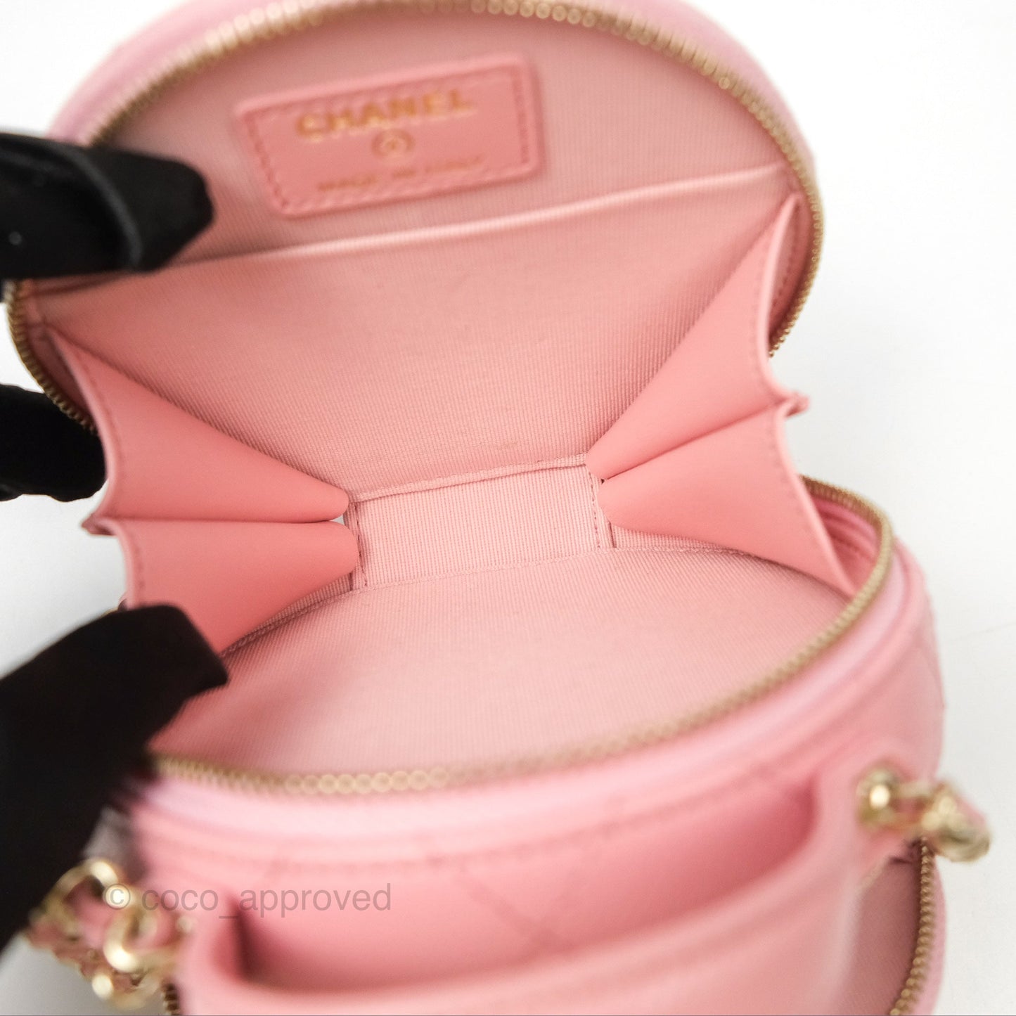 Chanel Mini Round Vanity Bag Handle With Care Pink Caviar 22C