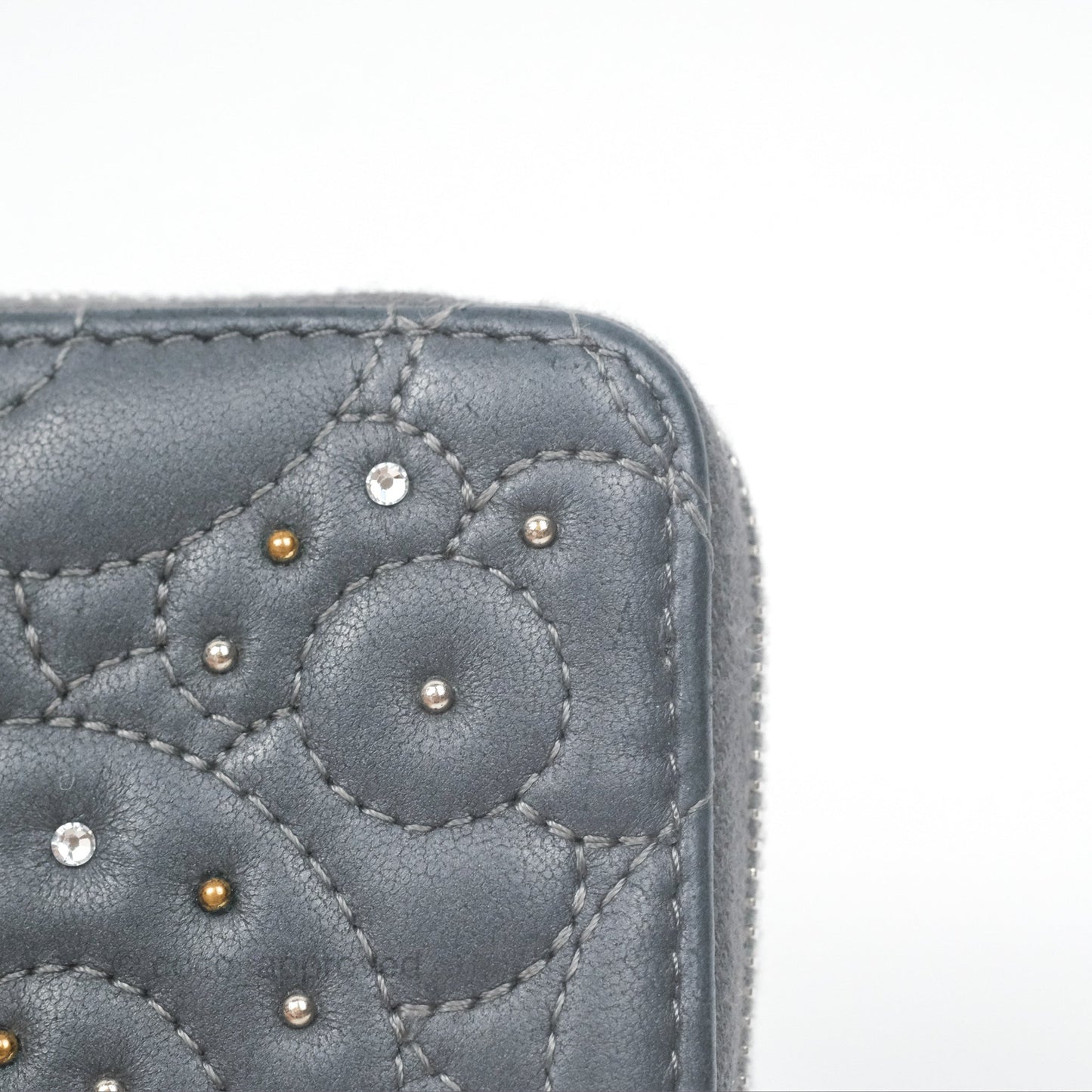 Chanel Camellia Crystal Studded Zipped Coin Purse Grey Silver Hardware