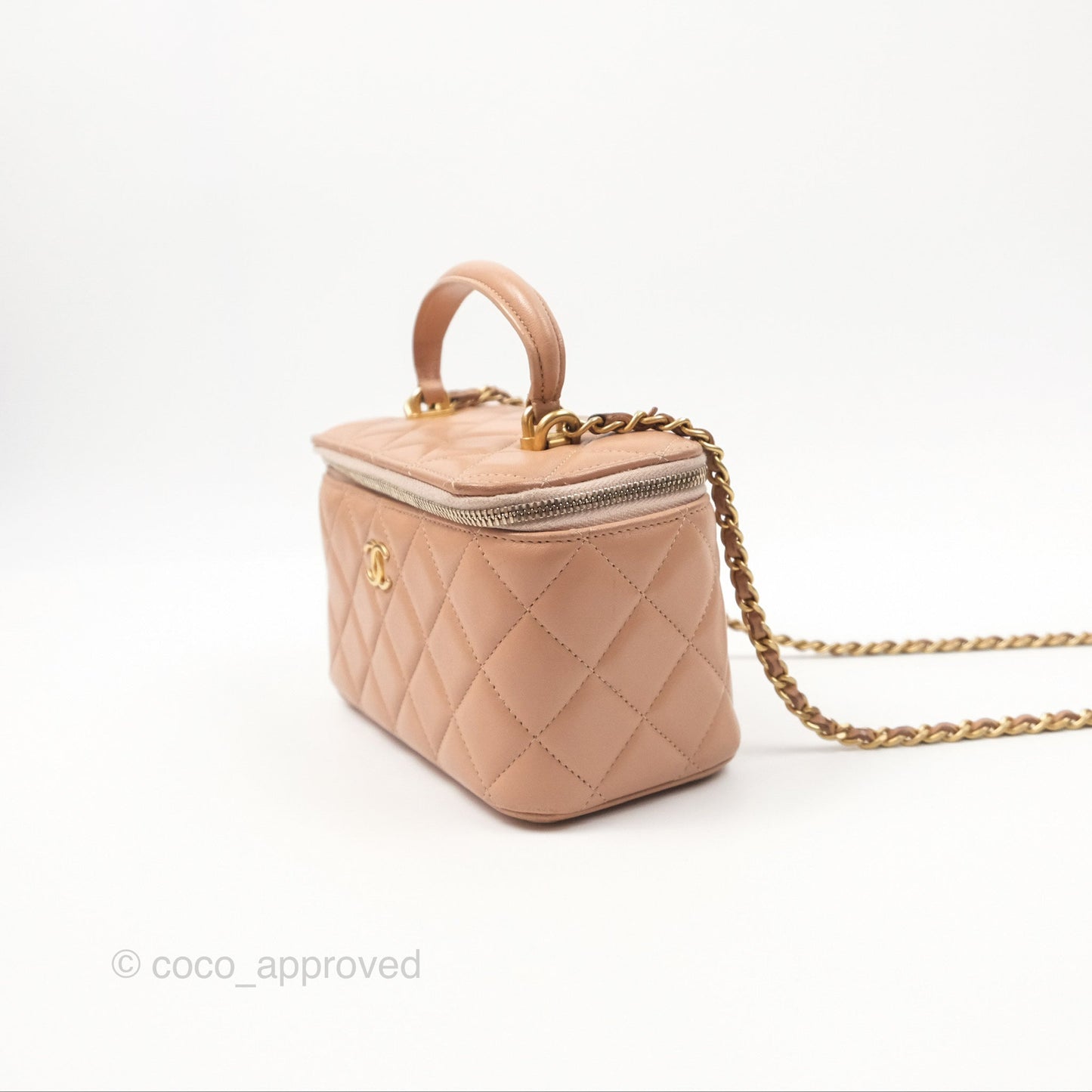 Chanel Vanity Rectangular Top Handle Beige Lambskin Aged Gold Hardware