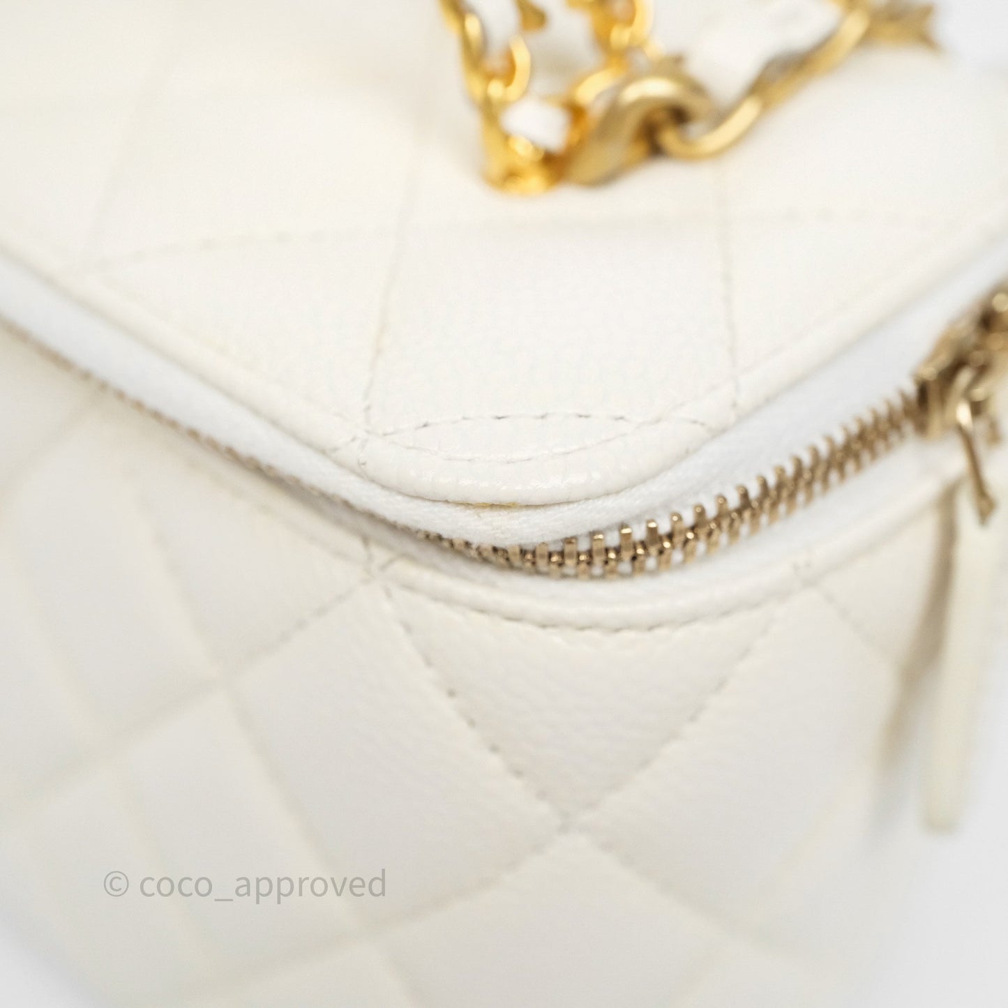 Chanel Logo Top Handle Vanity Rectangular White Caviar Aged Gold Hardware