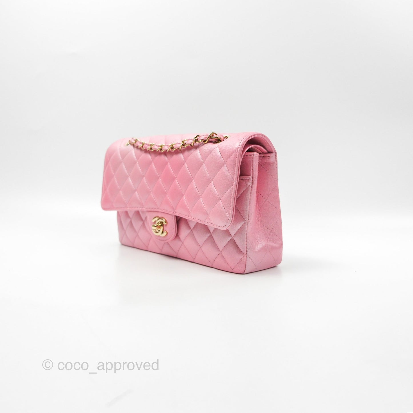 Chanel Classic M/L Medium Flap Quilted Pink Cloudy Pearly Goatskin Gold Hardware 23S
