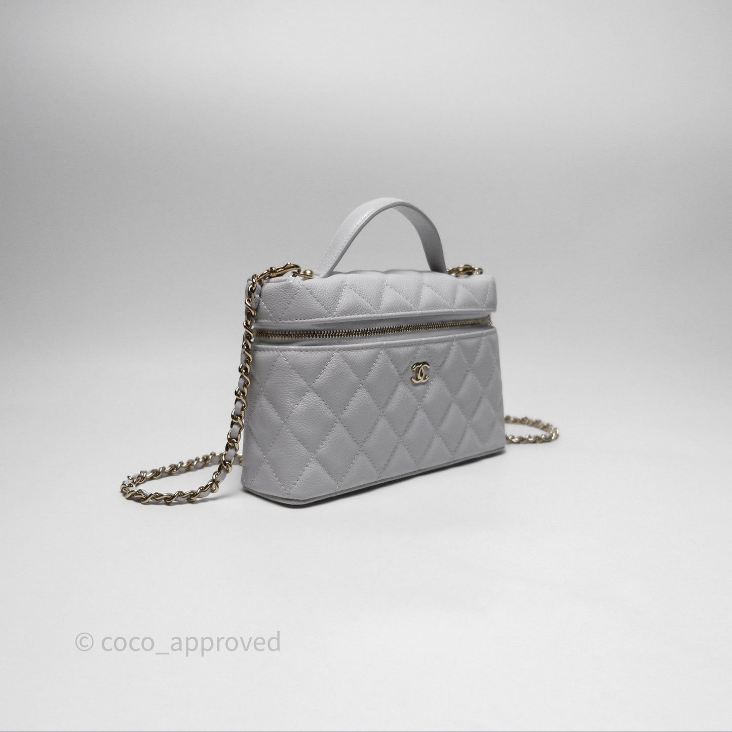 Chanel Top Handle Long Vanity with Chain Light Grey Caviar Gold Hardware