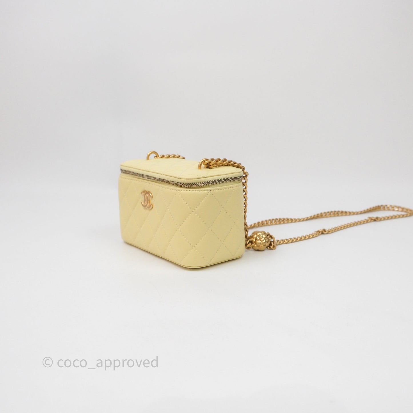 Chanel Quilted Vanity Rectangular with Camellia Adjustable Chain Yellow Lambskin