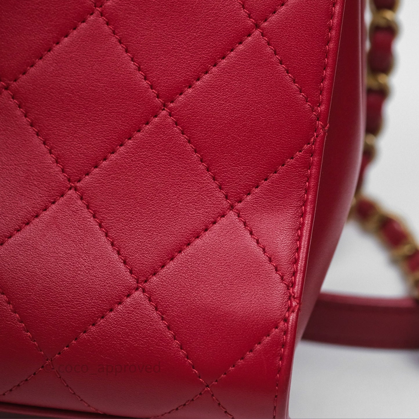 Chanel Quilted Flap Bag  with Pearl Logo Top Handle Red Lambskin Aged Gold Hardware