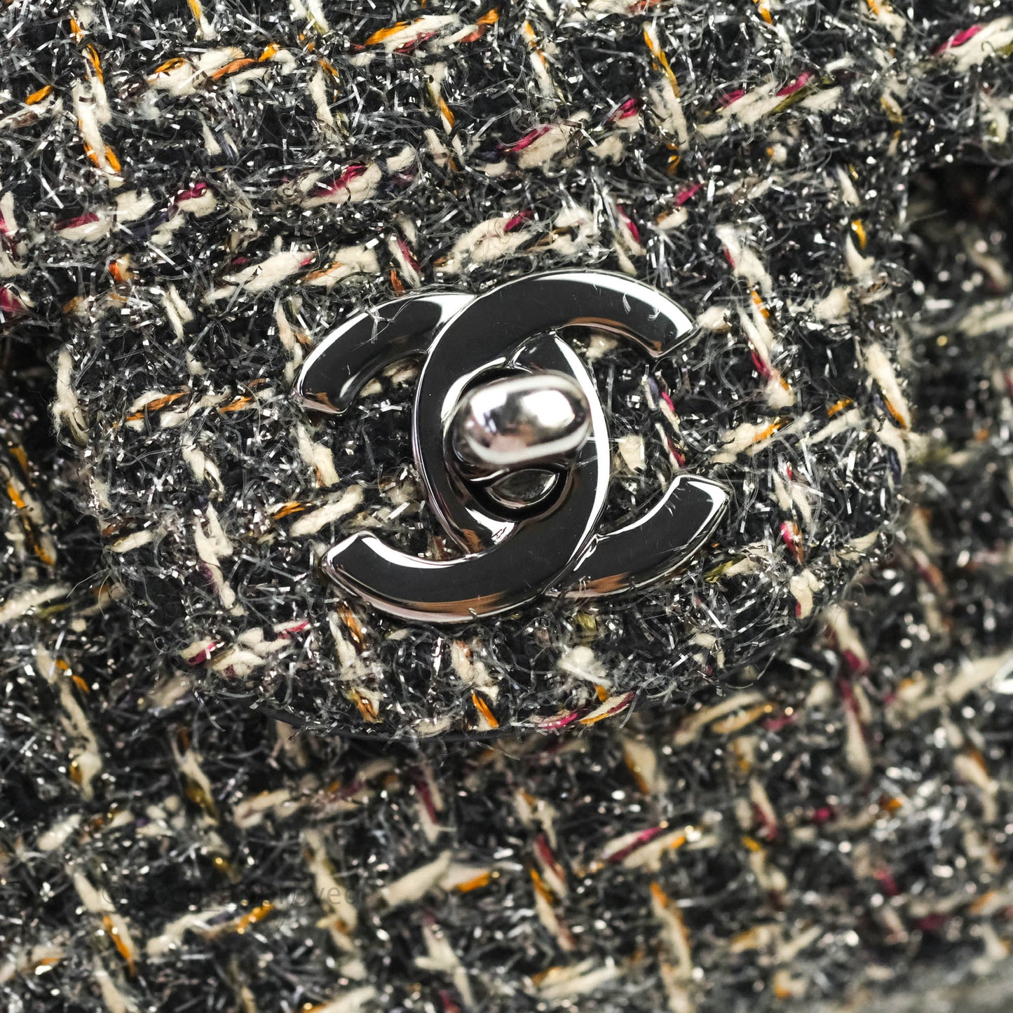 Chanel Classic M/L Medium Double Flap Black Tweed Gun Metal