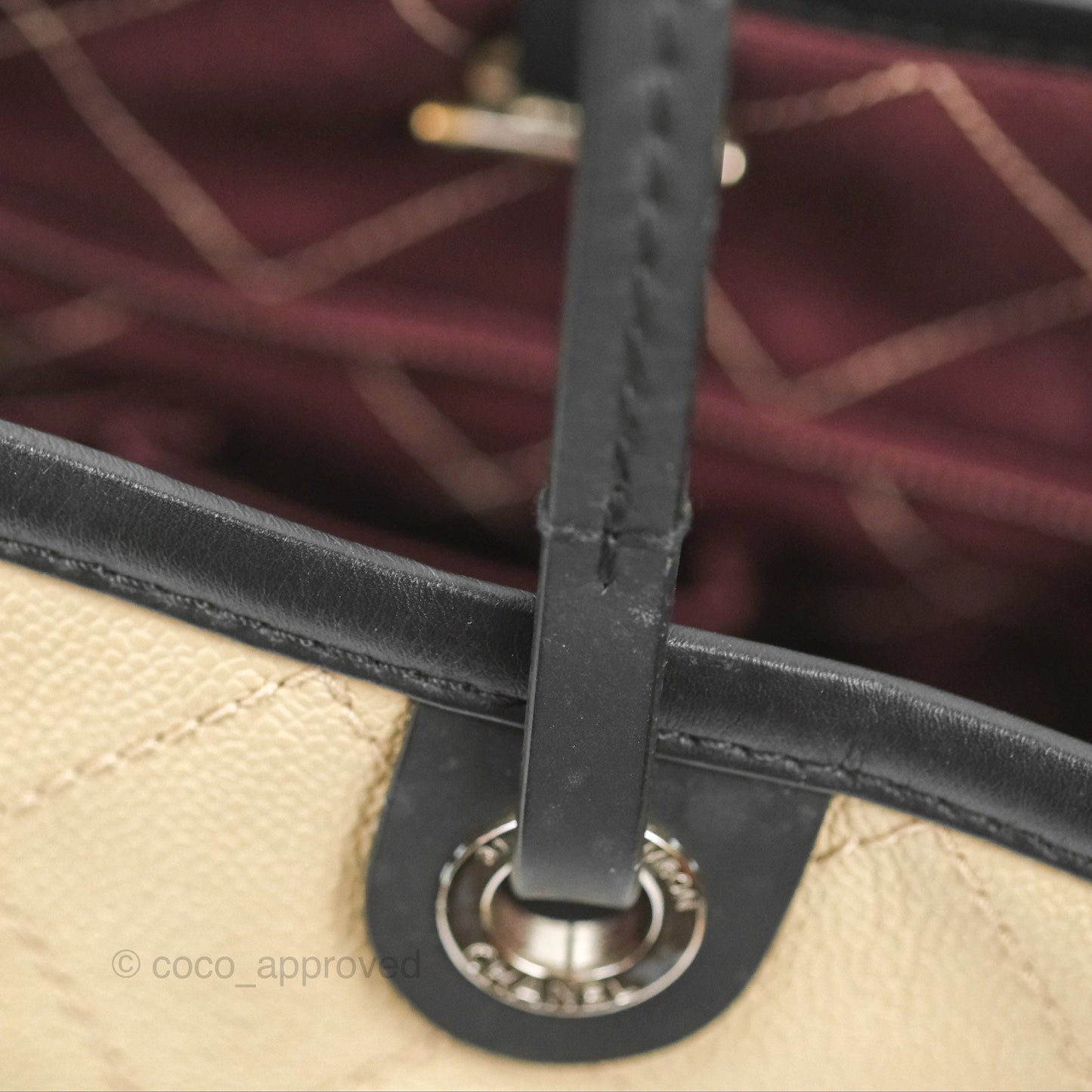 Chanel Large Fever Shopping Tote Quilted Beige Black Caviar