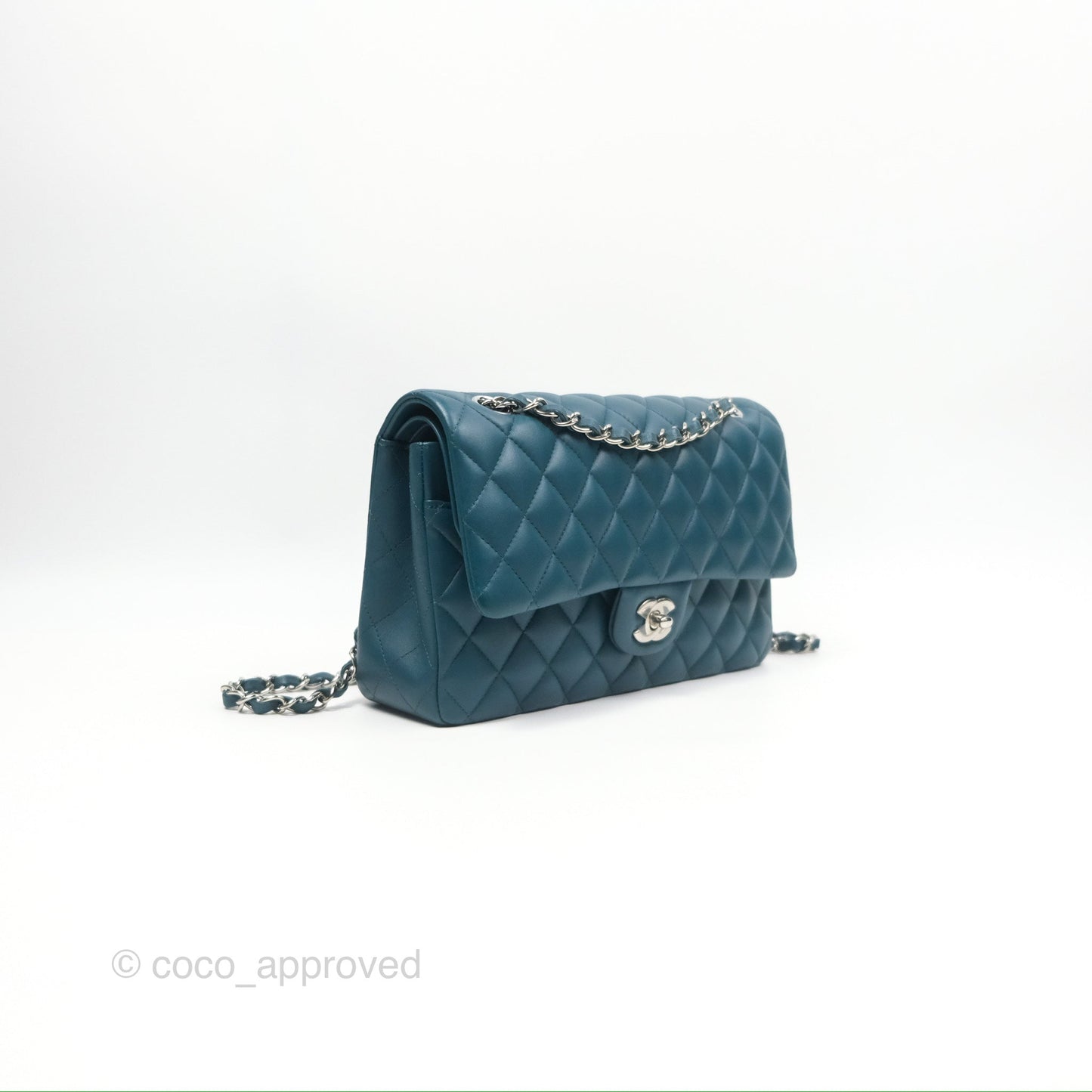 Chanel Classic M/L Medium Flap Quilted Teal Lambskin Silver Hardware