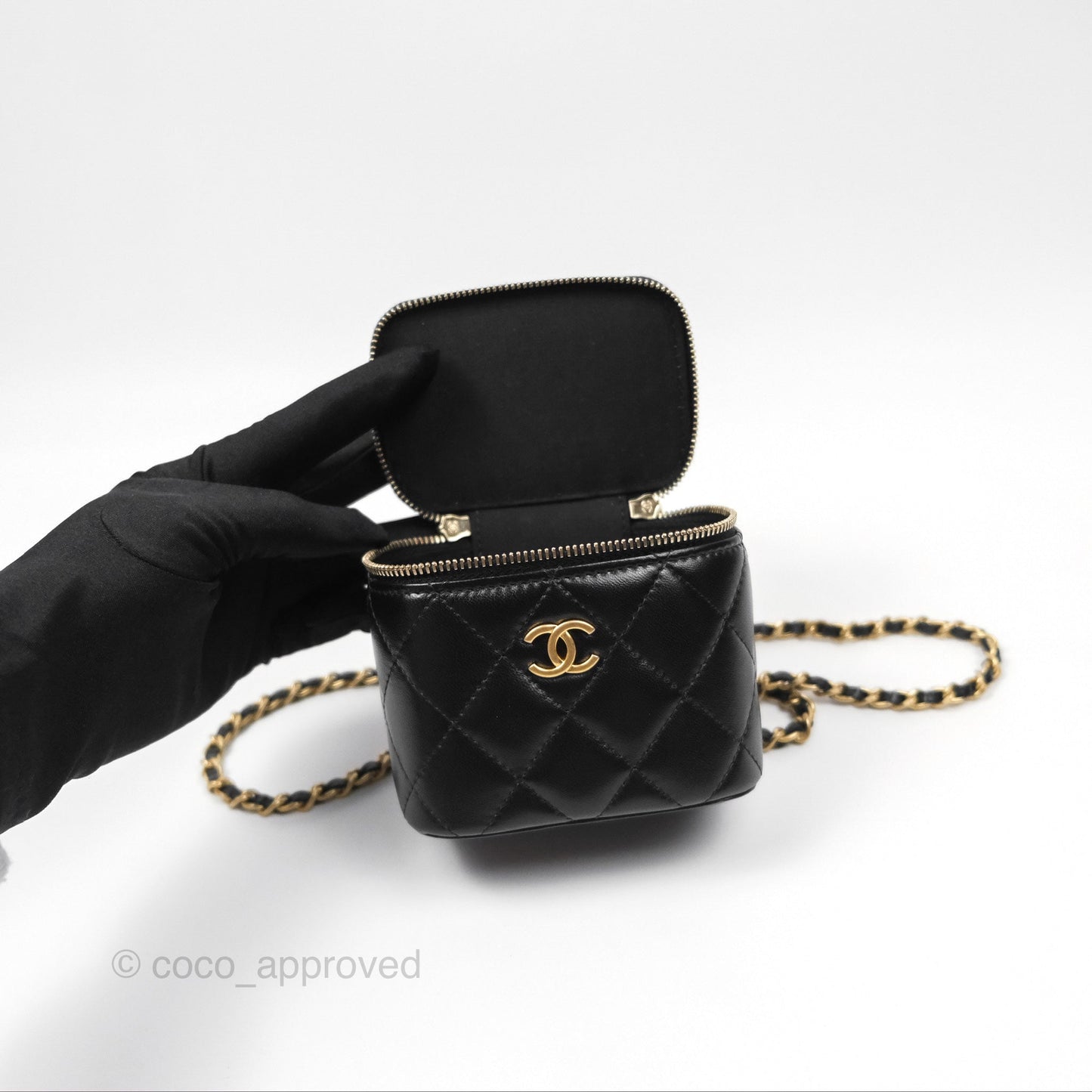 Chanel Mini Top Handle Vanity With Chain Black Lambskin Aged Gold Hardware