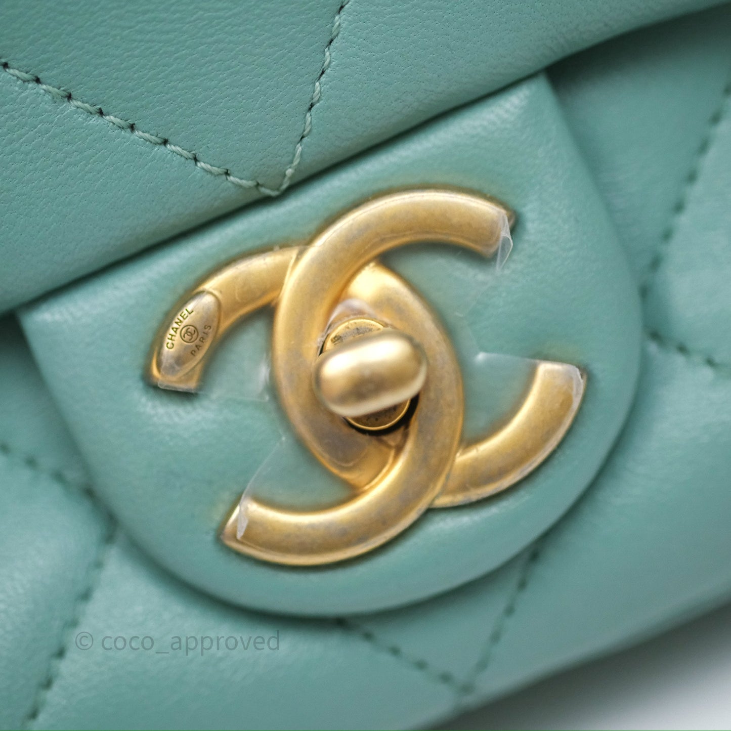 Chanel Quilted Small Circular Handle Bag Mint Green Aged Gold Hardware