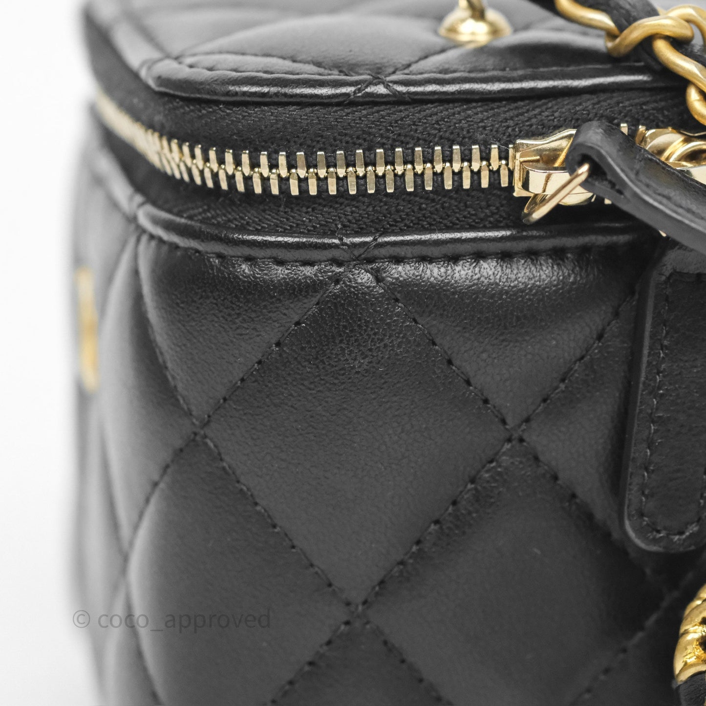 Chanel Quilted Pearl Crush Mini Vanity With Chain Black Lambskin Aged Gold Hardware