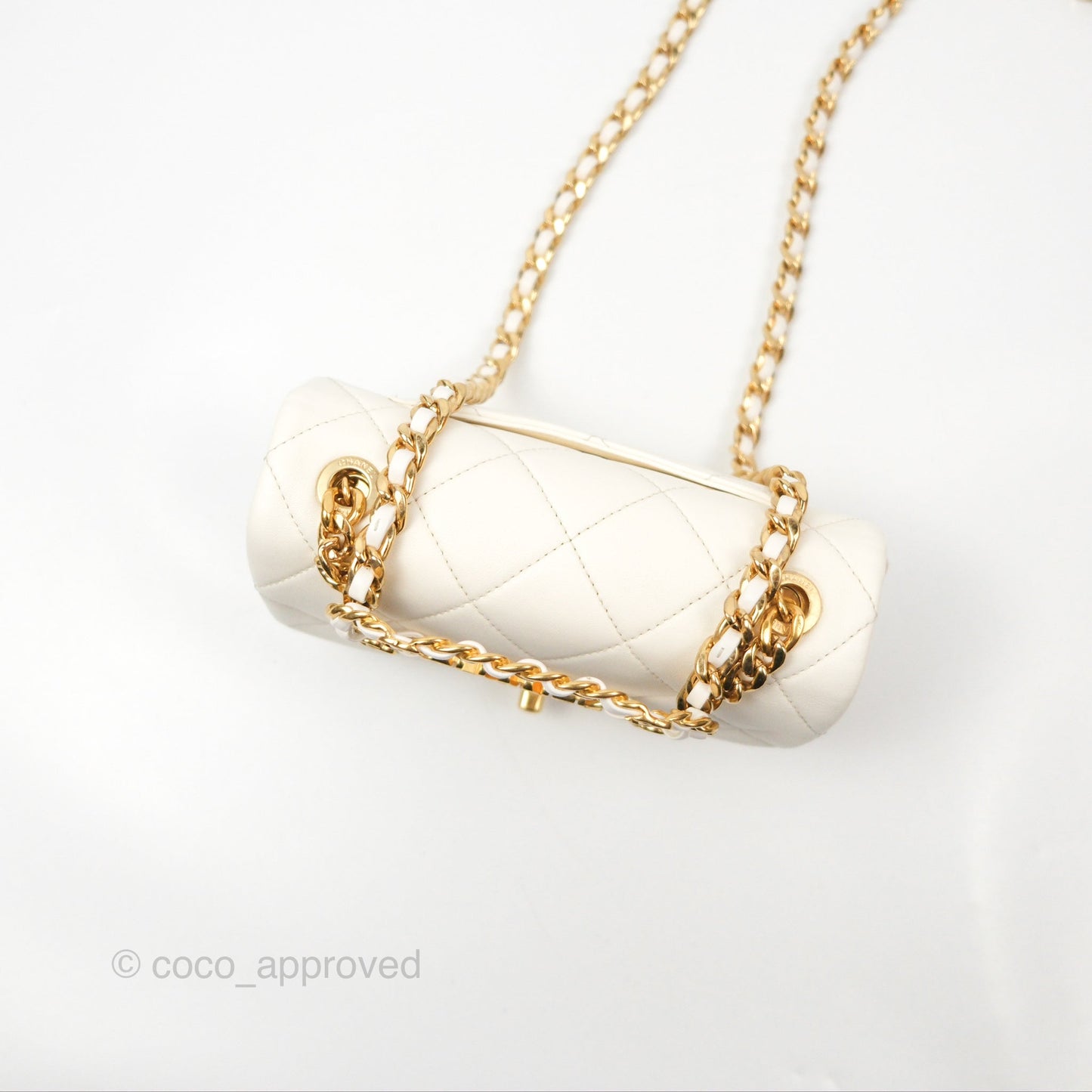 Chanel Quilted Flap Bag With Chanel Logo Top Handle White Calfskin Gold Hardware
