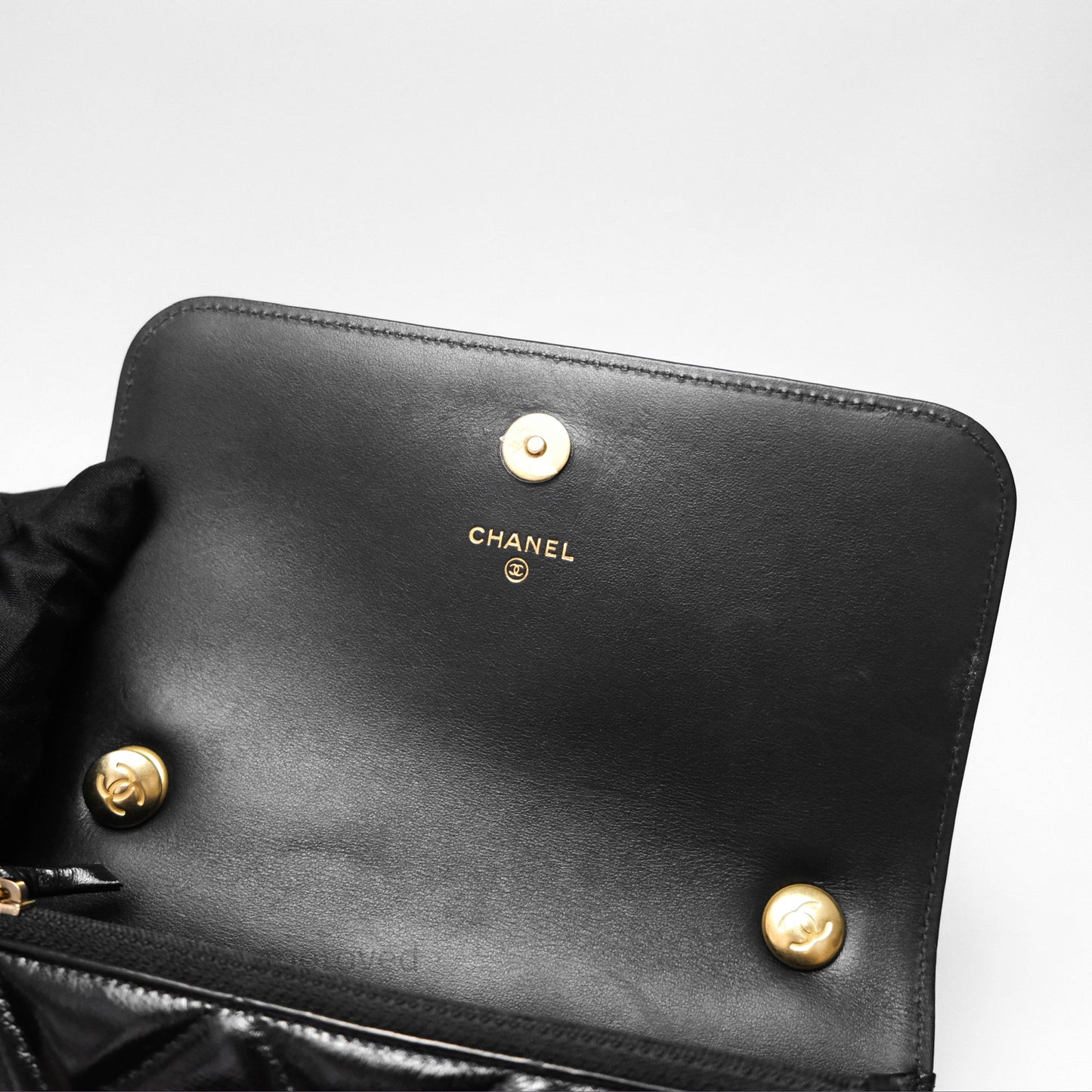 Chanel Quilted Medallion Wallet on Chain WOC Black Glossy Lambskin Gold Hardware 22K