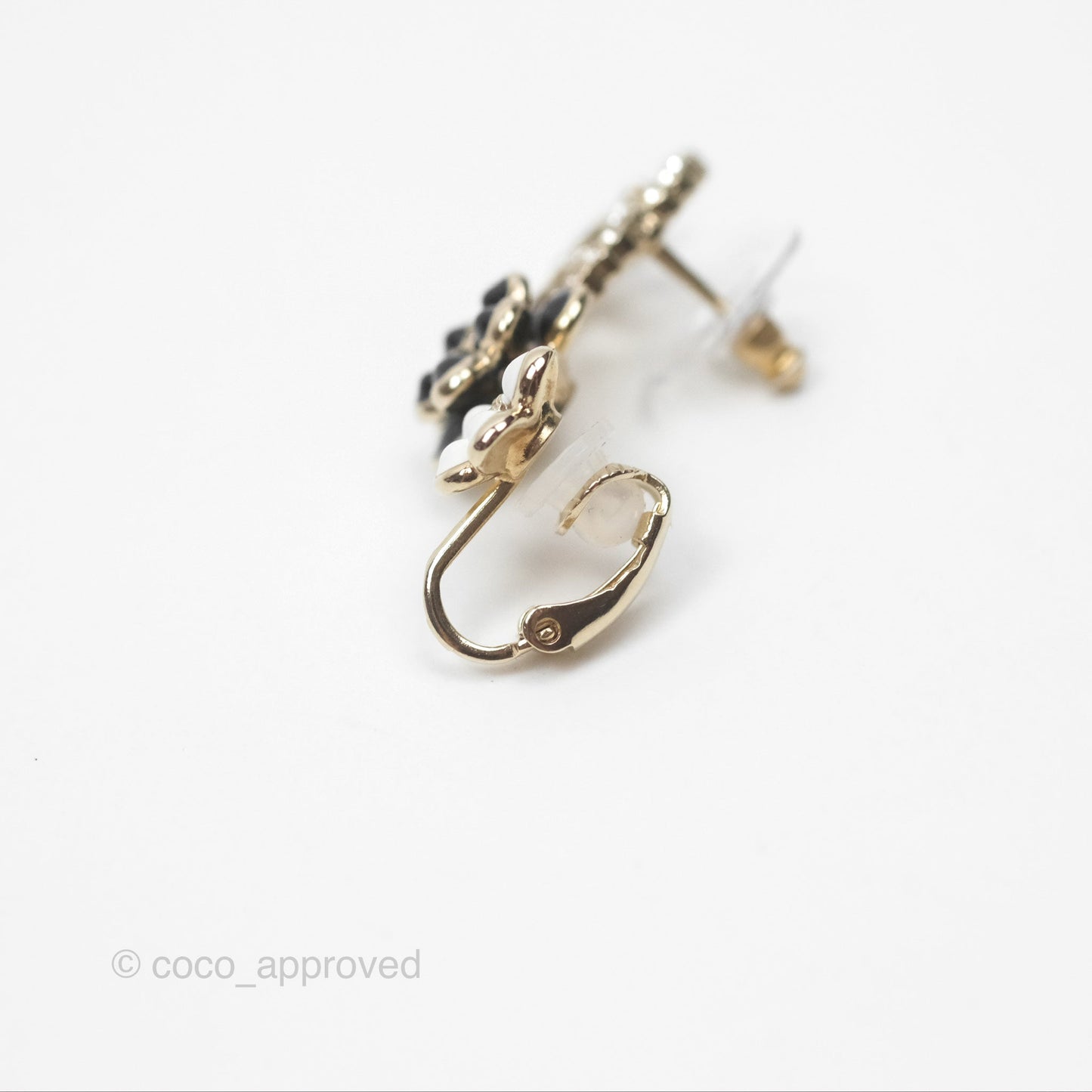 Chanel Crystal CC Black White Flower Earrings Ear Clip Gold Tone 21C