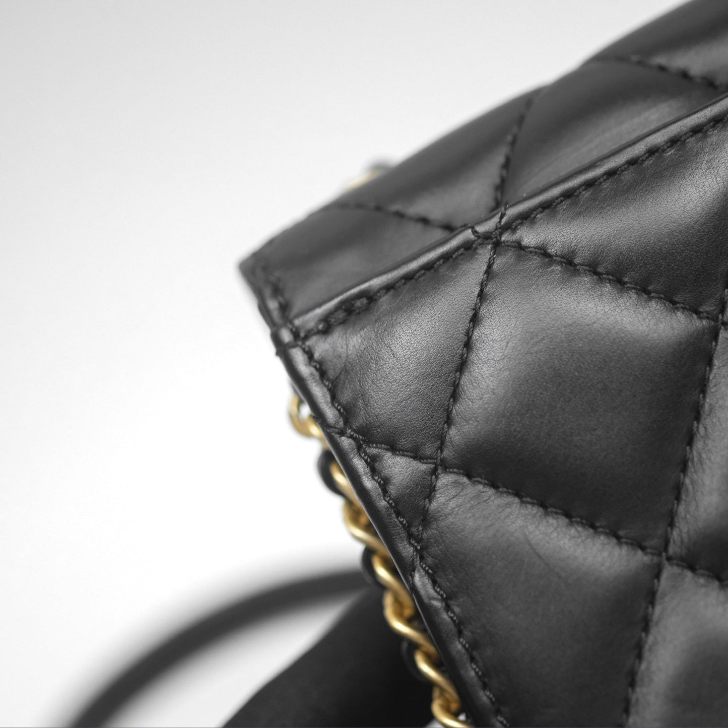 Chanel Quilted Side Chain Flap Bag Black Calfskin Aged Gold Hardware