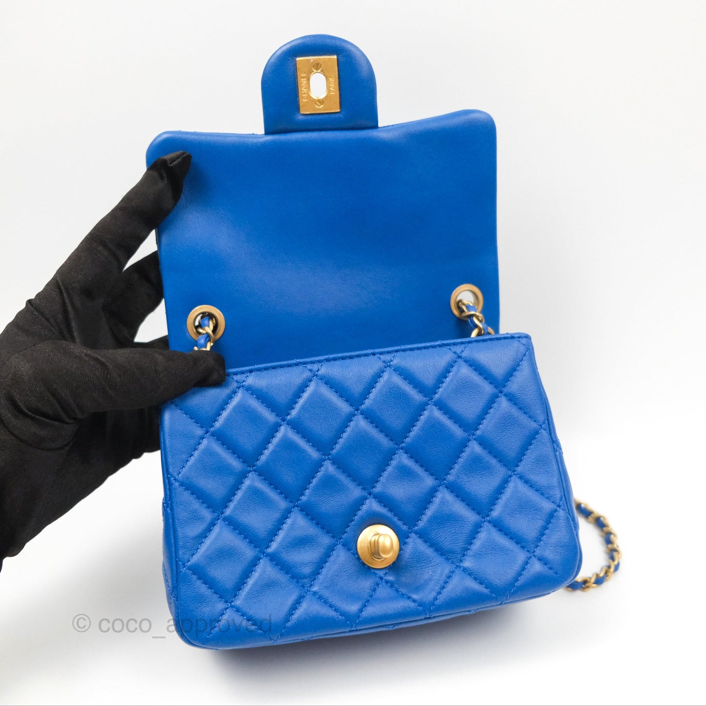 Chanel Pearl Crush Mini Square Quilted Blue Lambskin Aged Gold Hardware