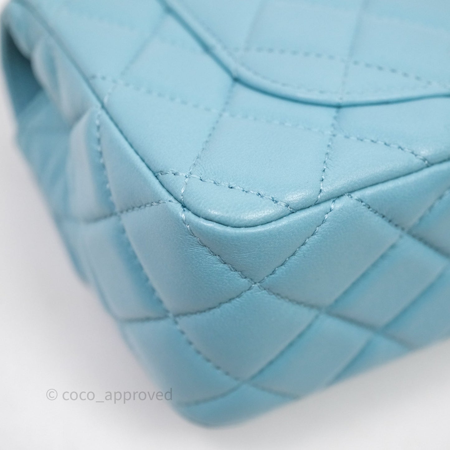 Chanel Flap Bag with Crystal Logo Top Handle Tiffany Blue Lambskin Aged Gold Hardware